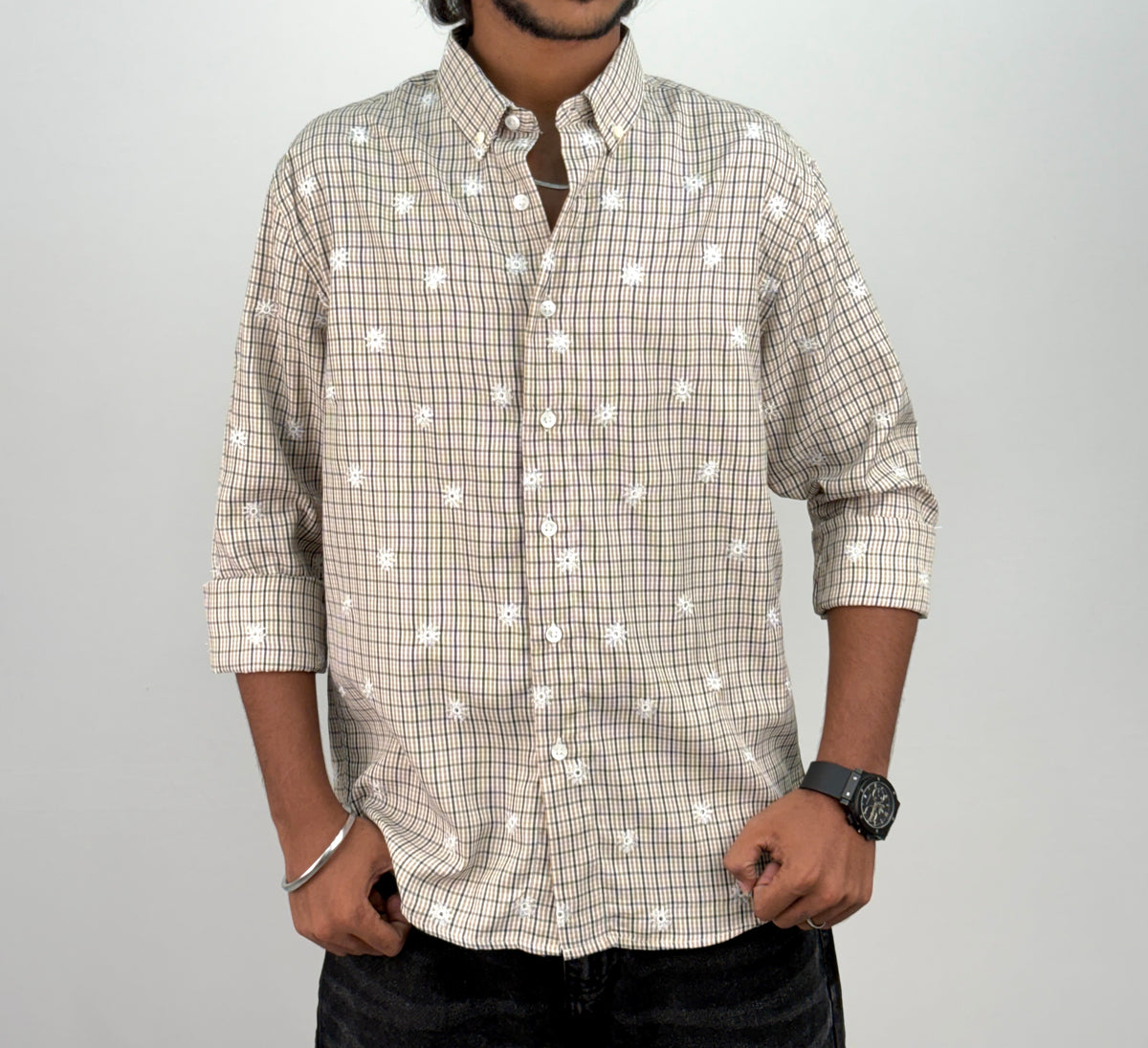 Beige IMP Embroidery Checks Shirt