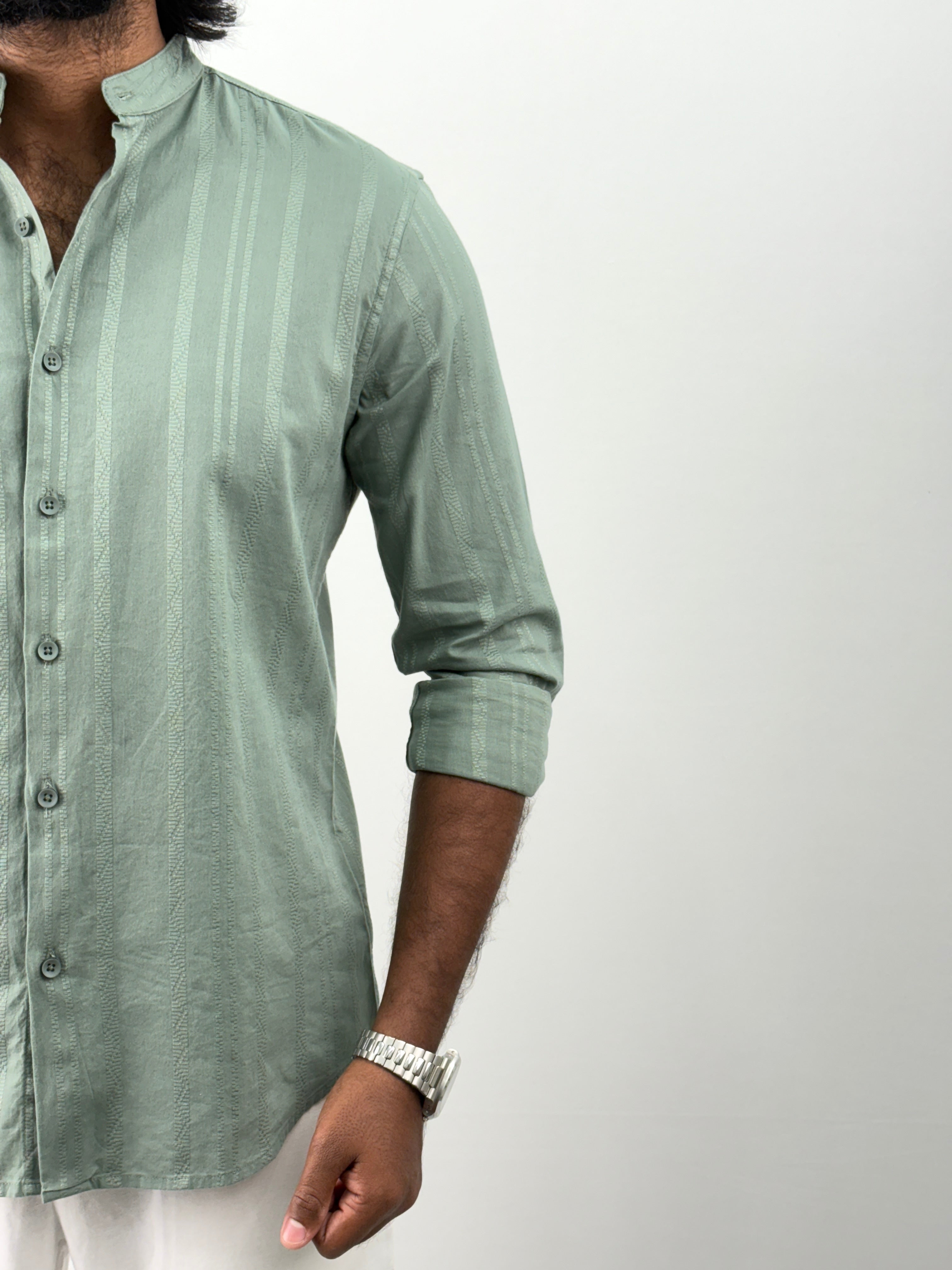 Green Mandarin Collar Textured Shirt
