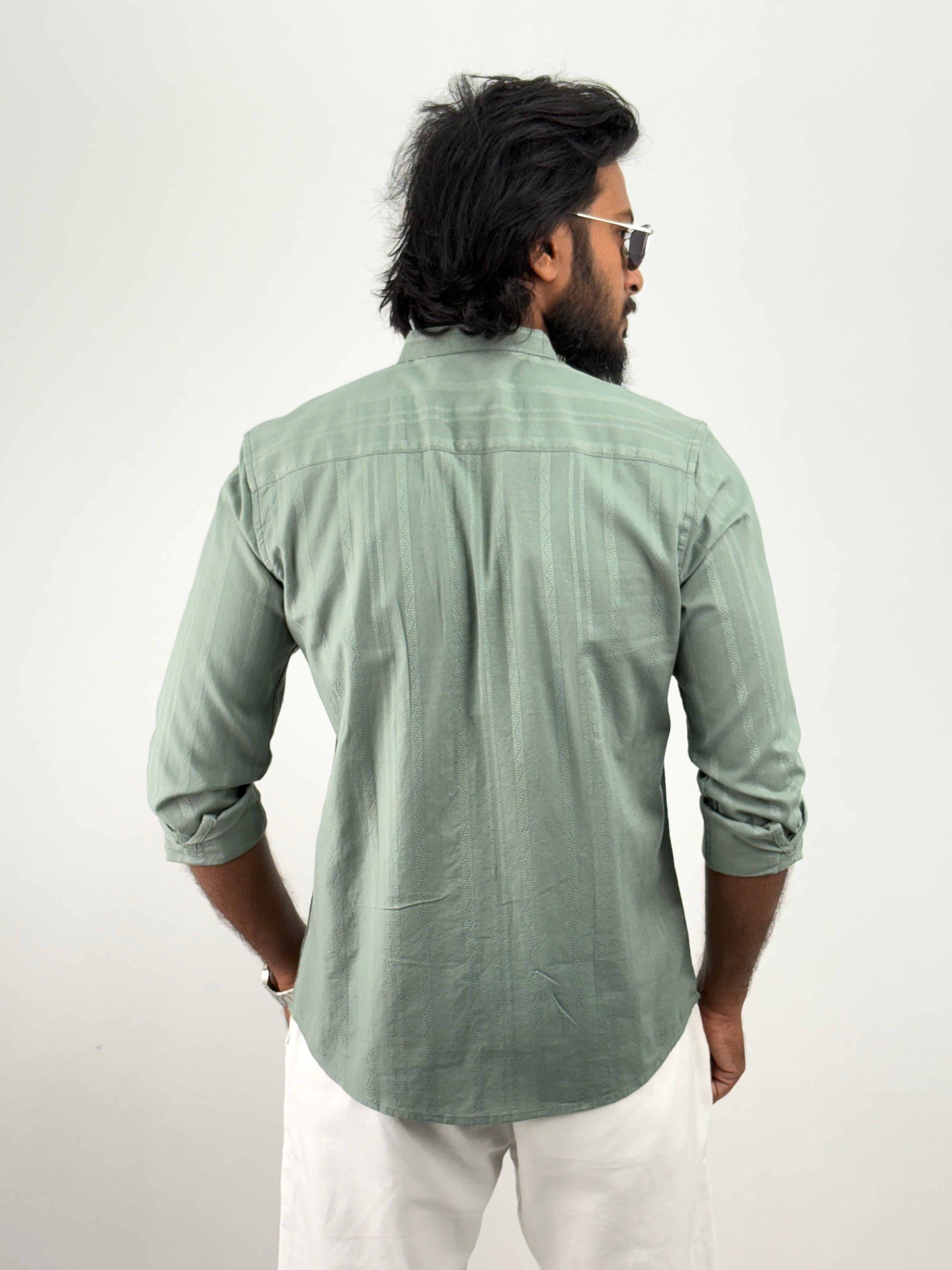 Green Mandarin Collar Textured Shirt