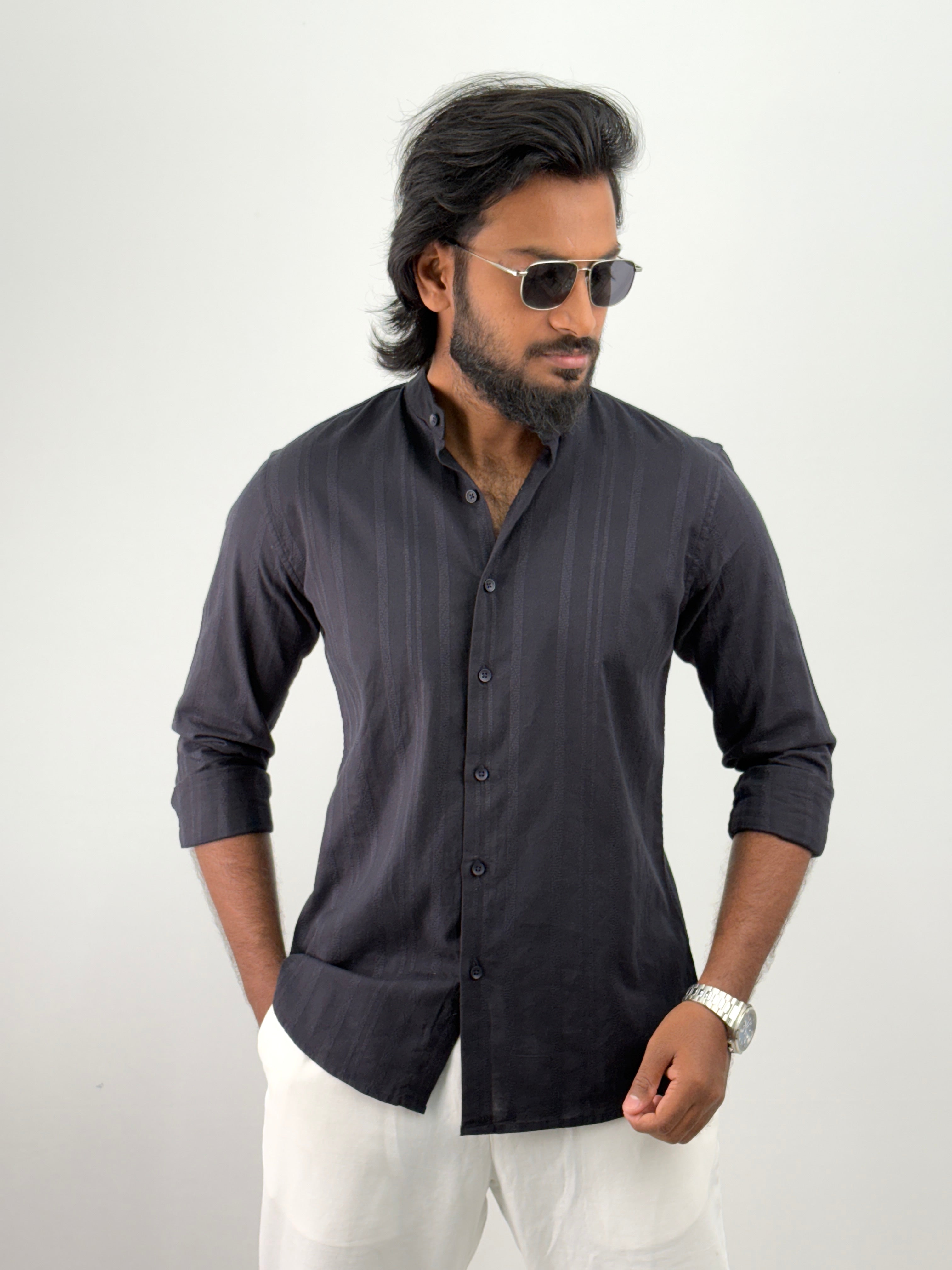 Dark Navy Mandarin Collar Textured Shirt
