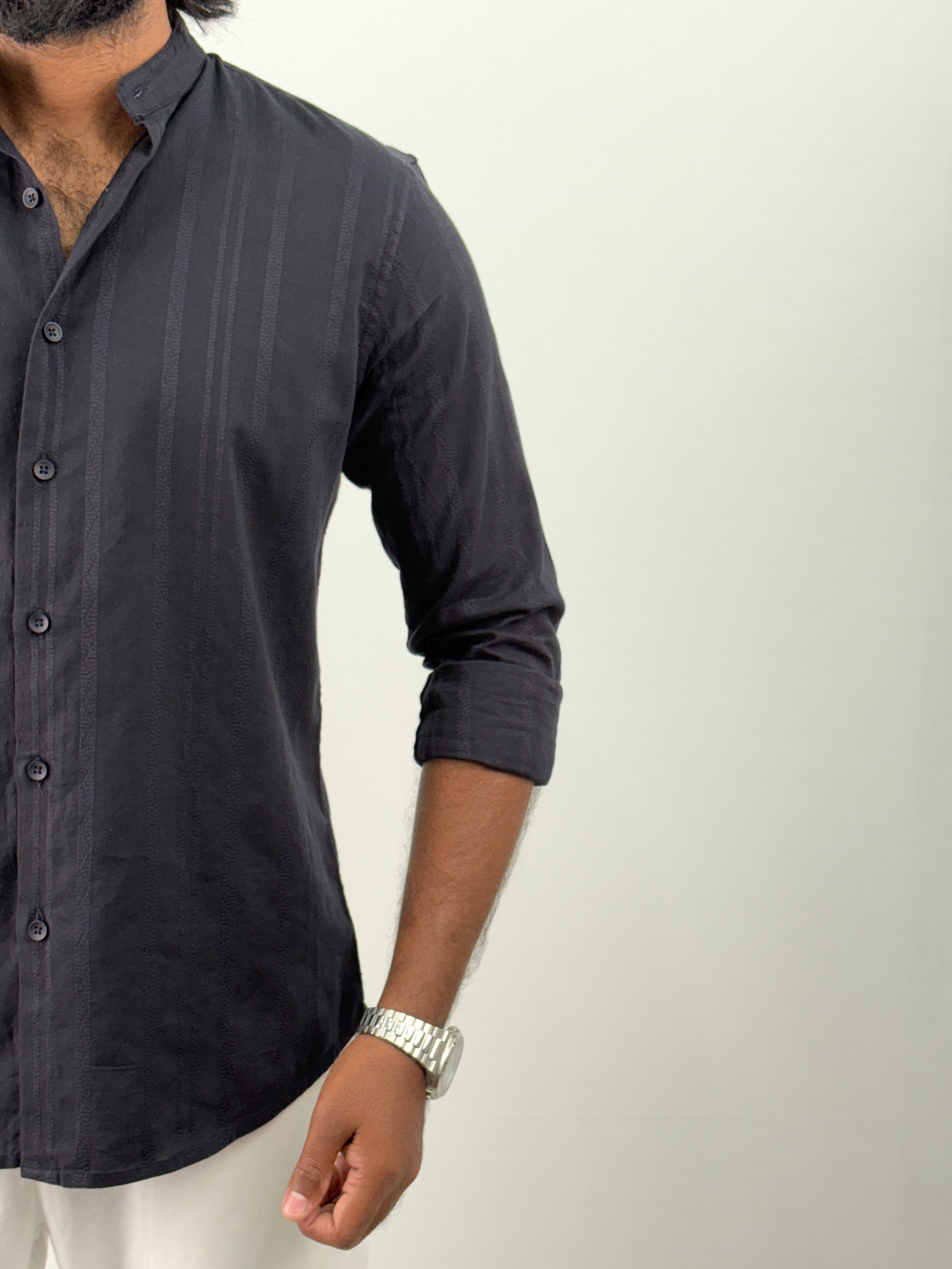 Dark Navy Mandarin Collar Textured Shirt