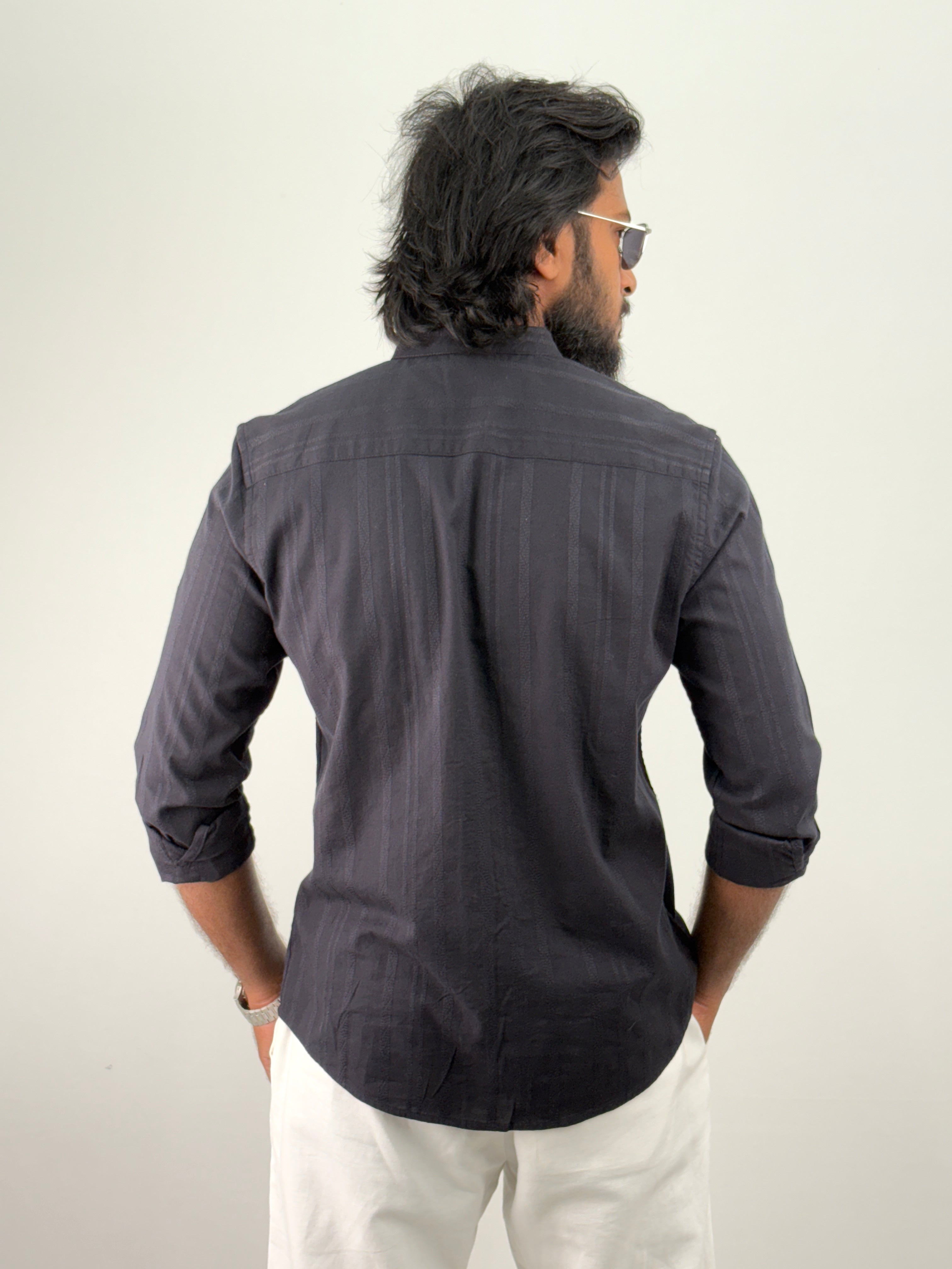 Dark Navy Mandarin Collar Textured Shirt