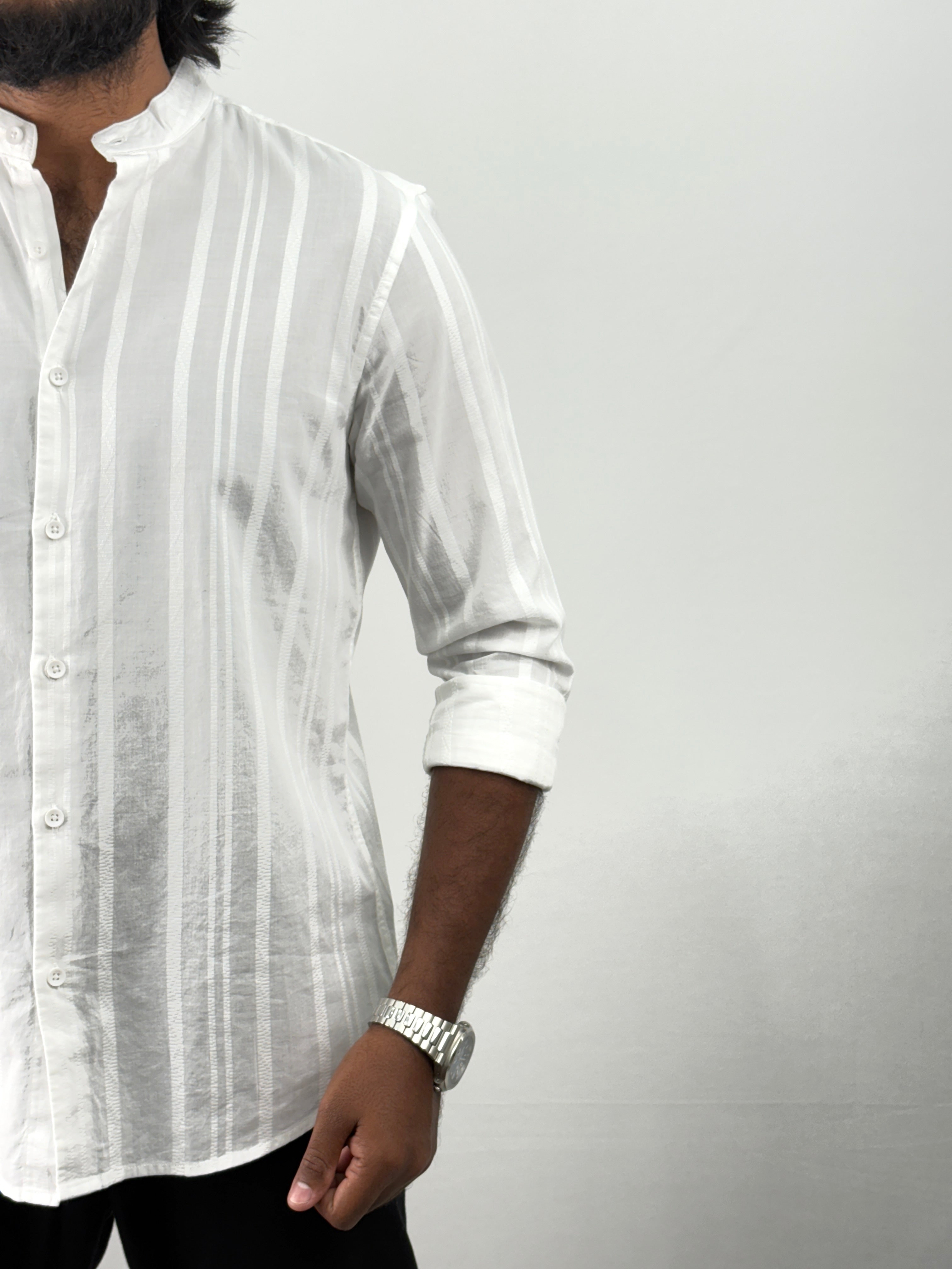 White Mandarin Collar Textured Shirt
