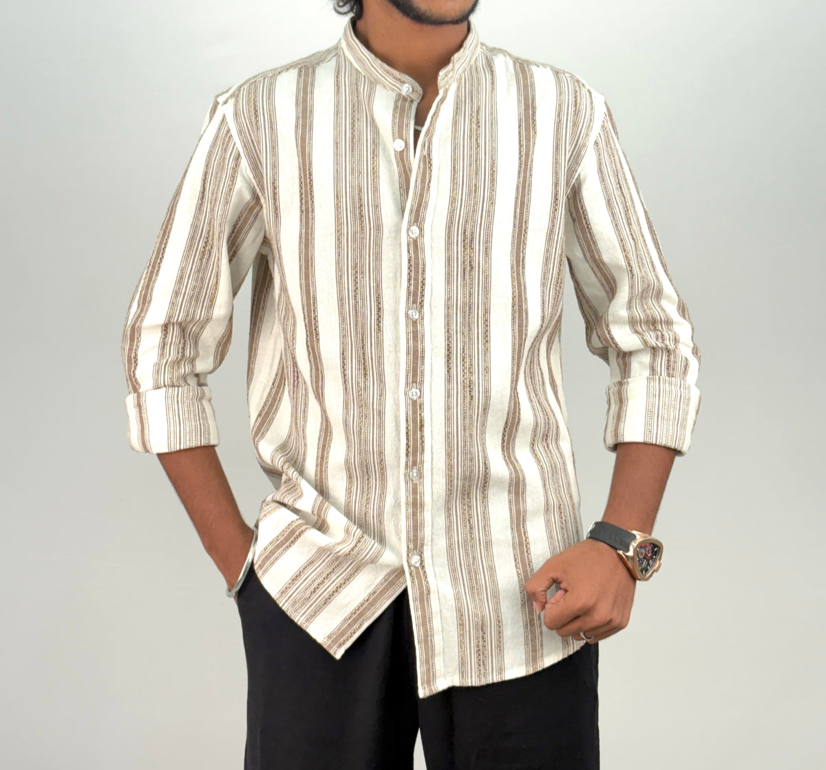Off White Mandarin Collar Jacquard Stripe Shirt