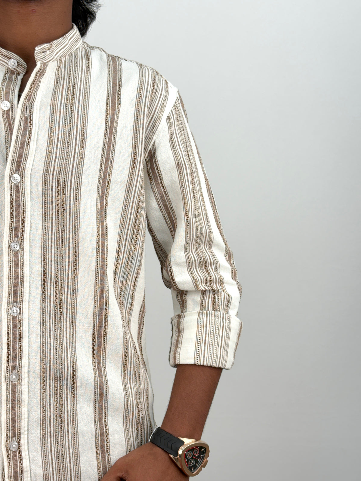 Off White Mandarin Collar Jacquard Stripe Shirt