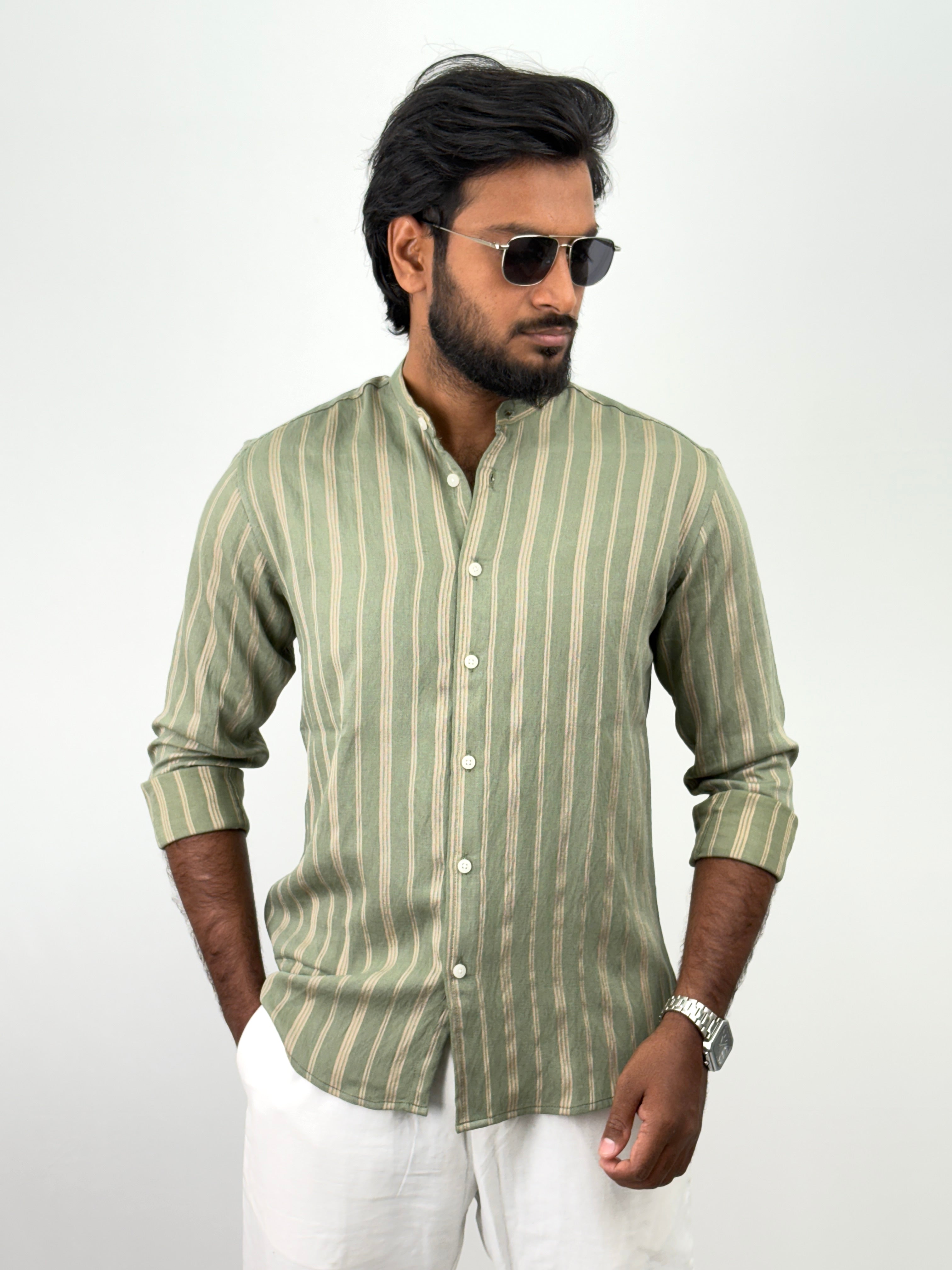 Light Olive Mandarin Collar Shirt