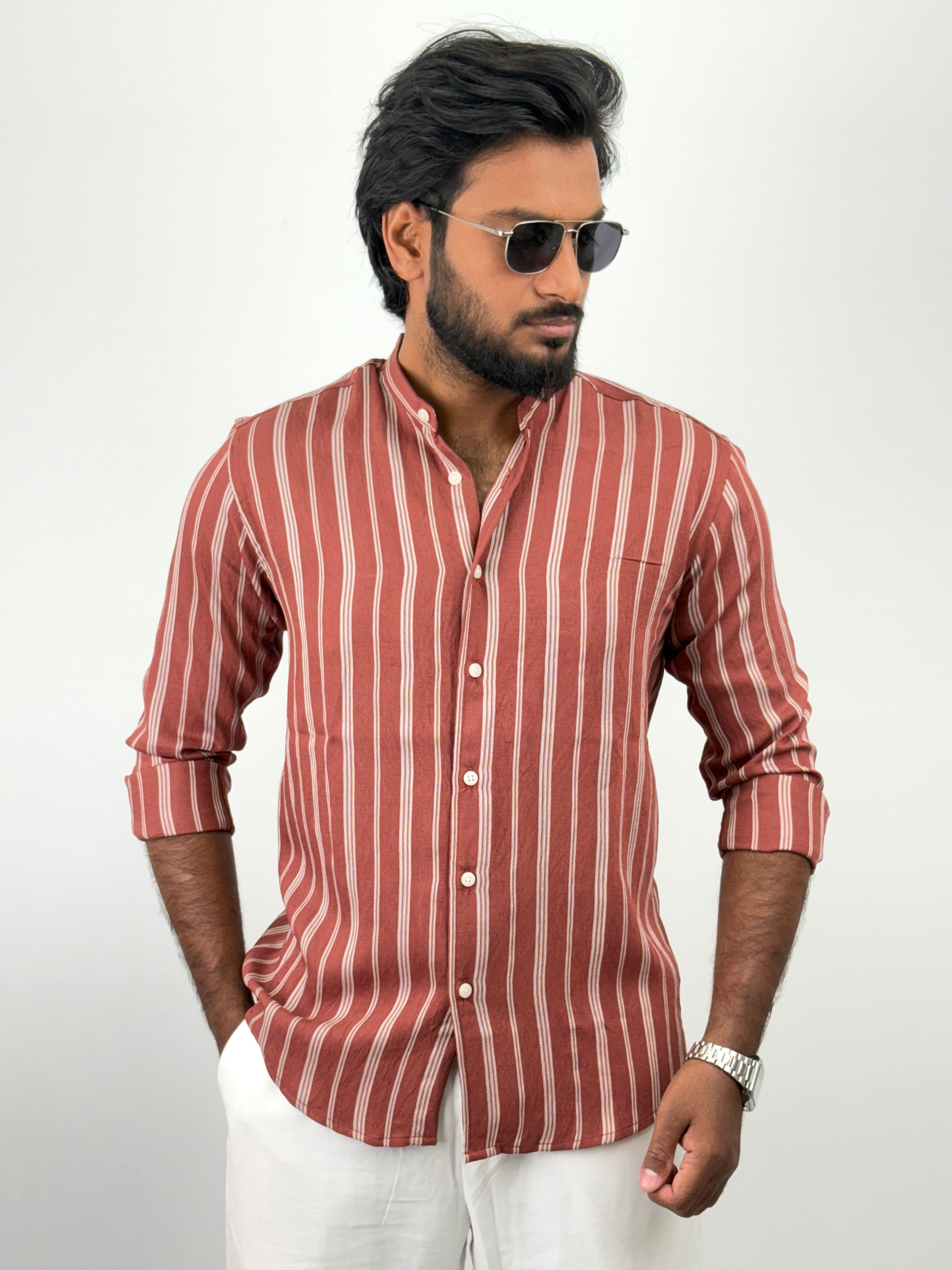 Red Mandarin Collar Shirt