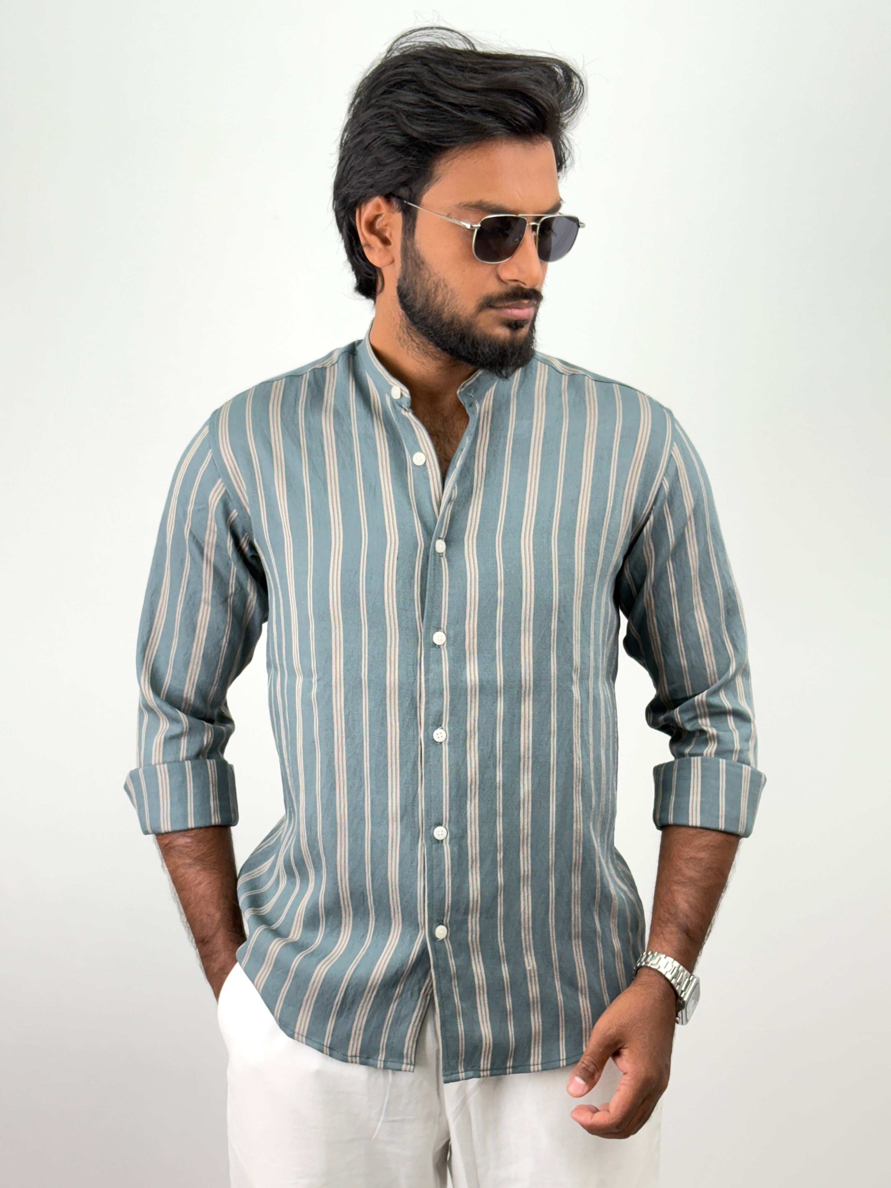 Teal Blue Mandarin Collar Shirt