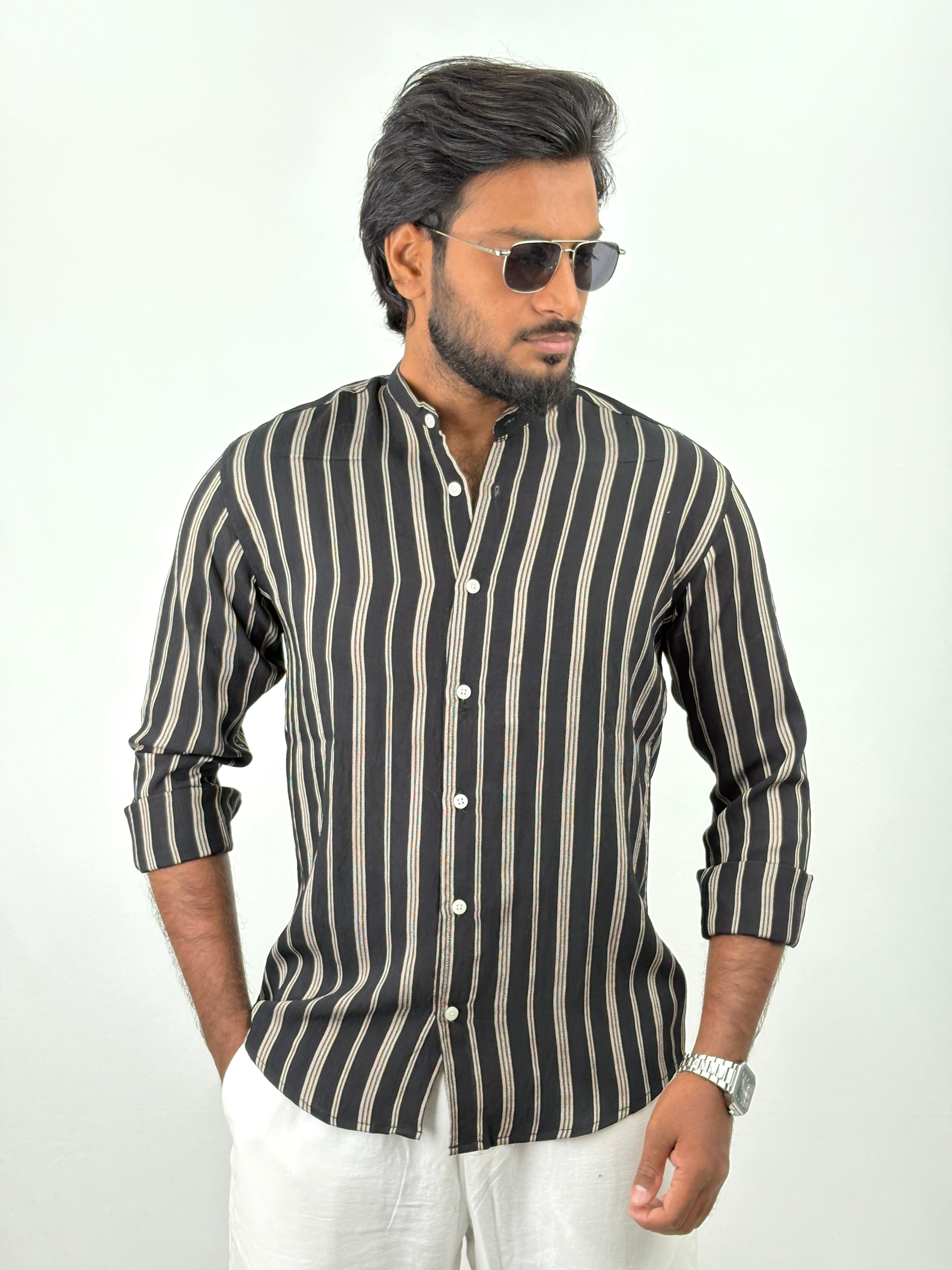 Black Mandarin Collar Shirt