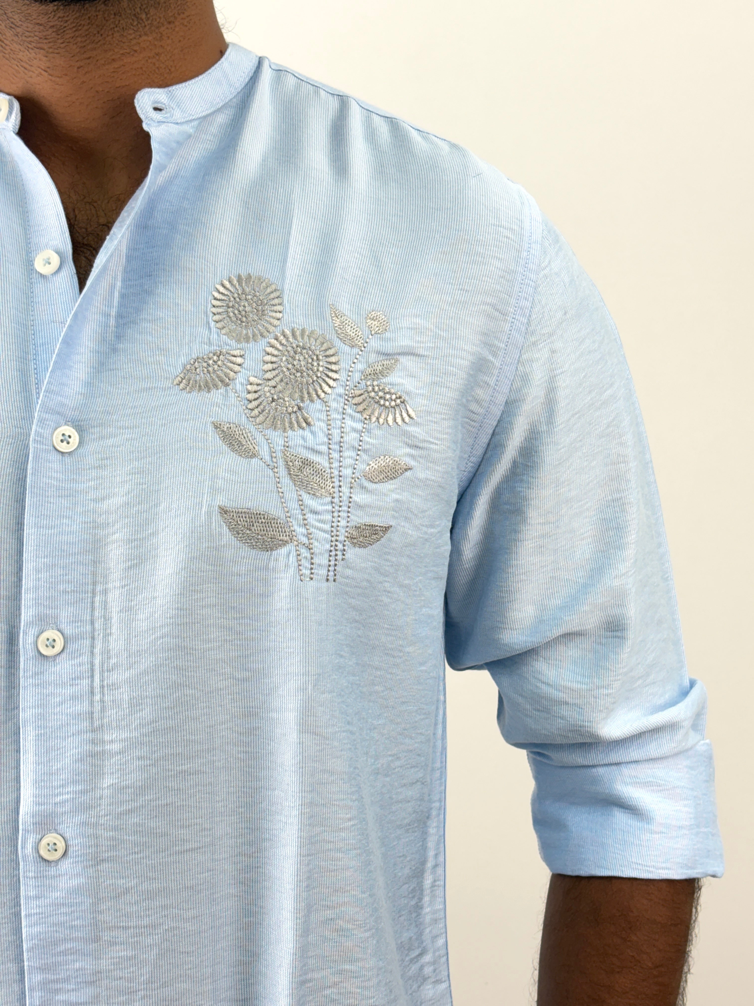 Ice Blue Mandarin Collar Embroidery Shirt
