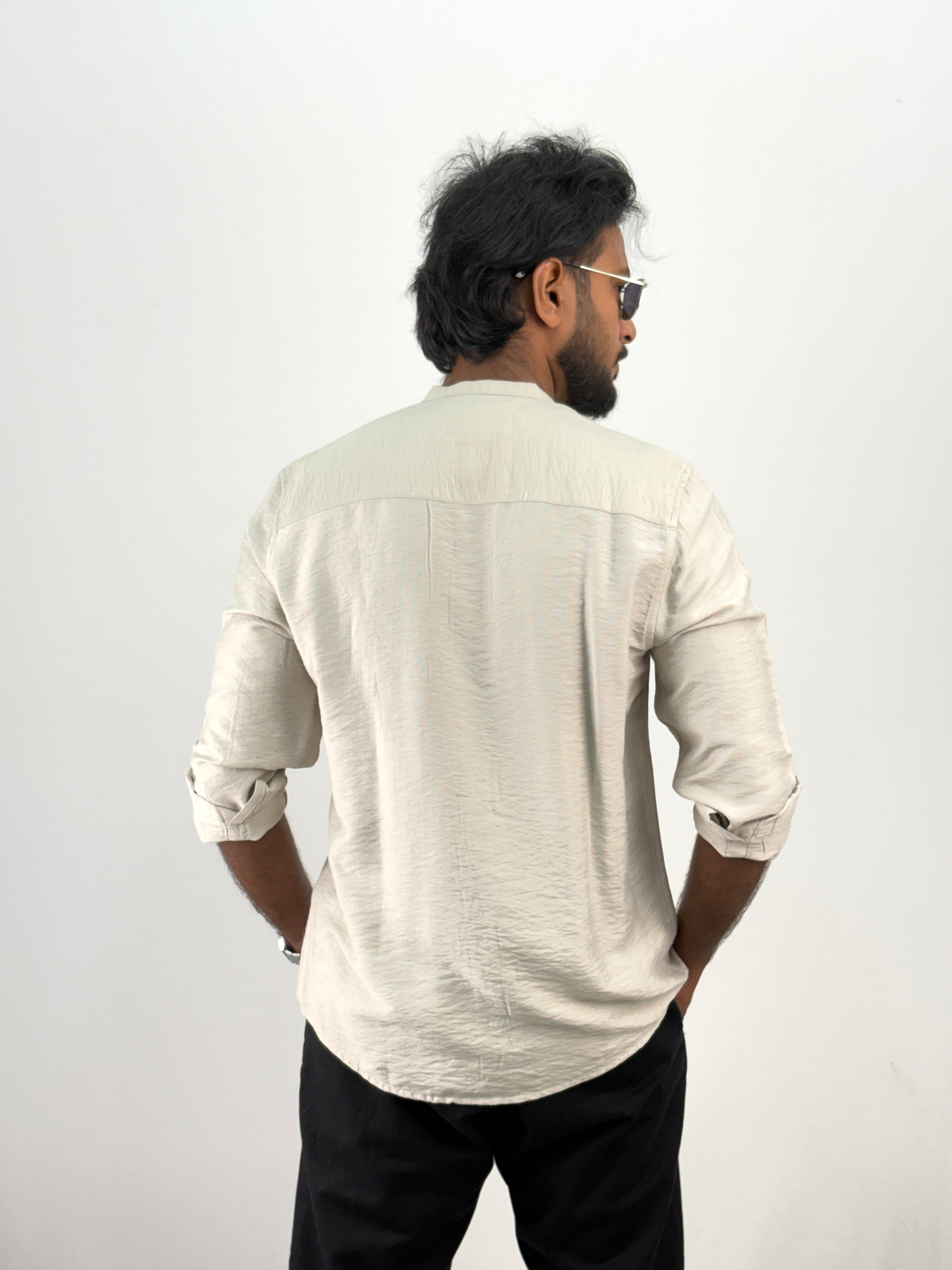 Beige Mandarin Collar Embroidery Shirt
