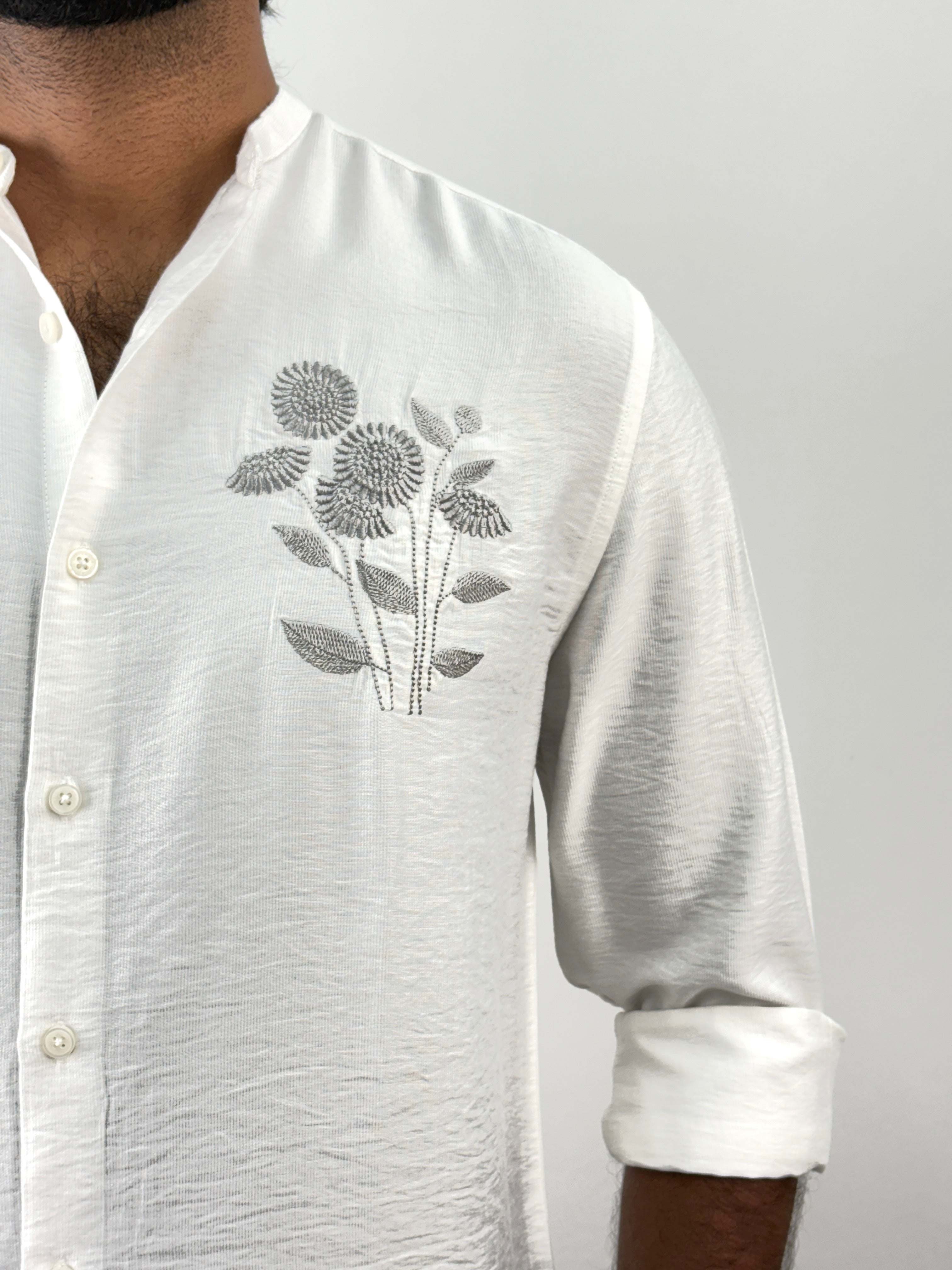 White Mandarin Collar Embroidery Shirt