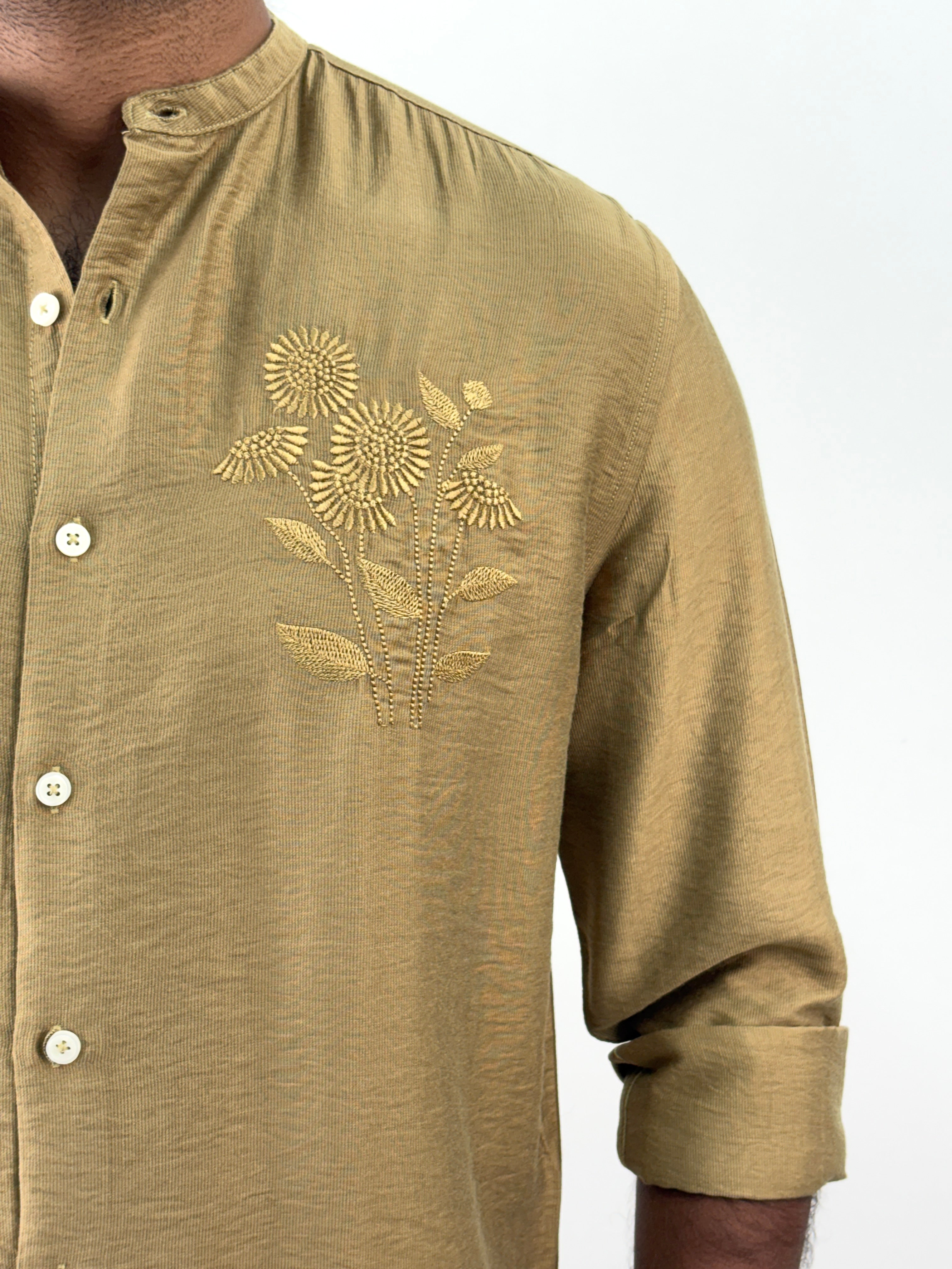 Olive Mandarin Collar Embroidery Shirt