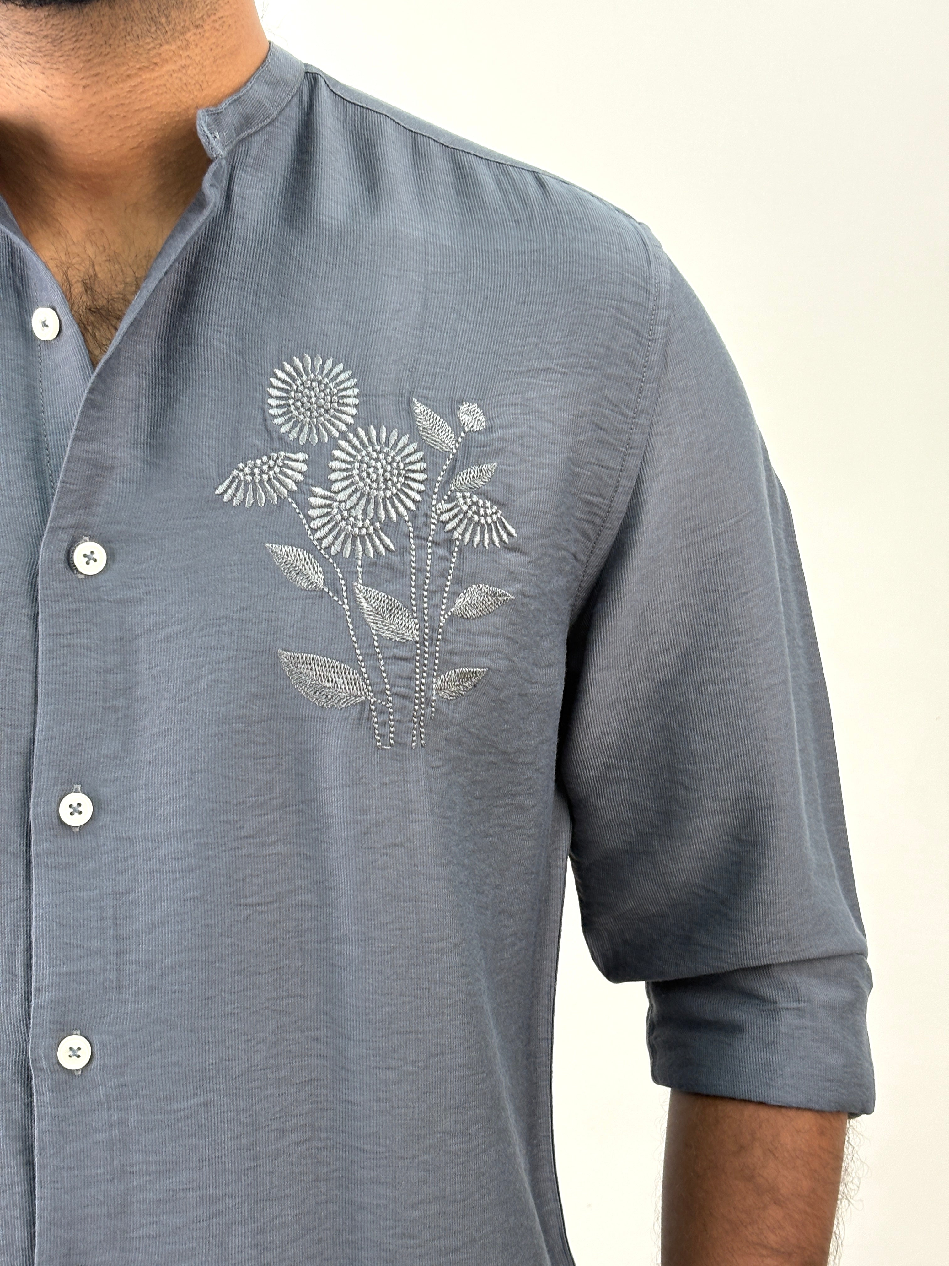 Grey Mandarin Collar Embroidery Shirt