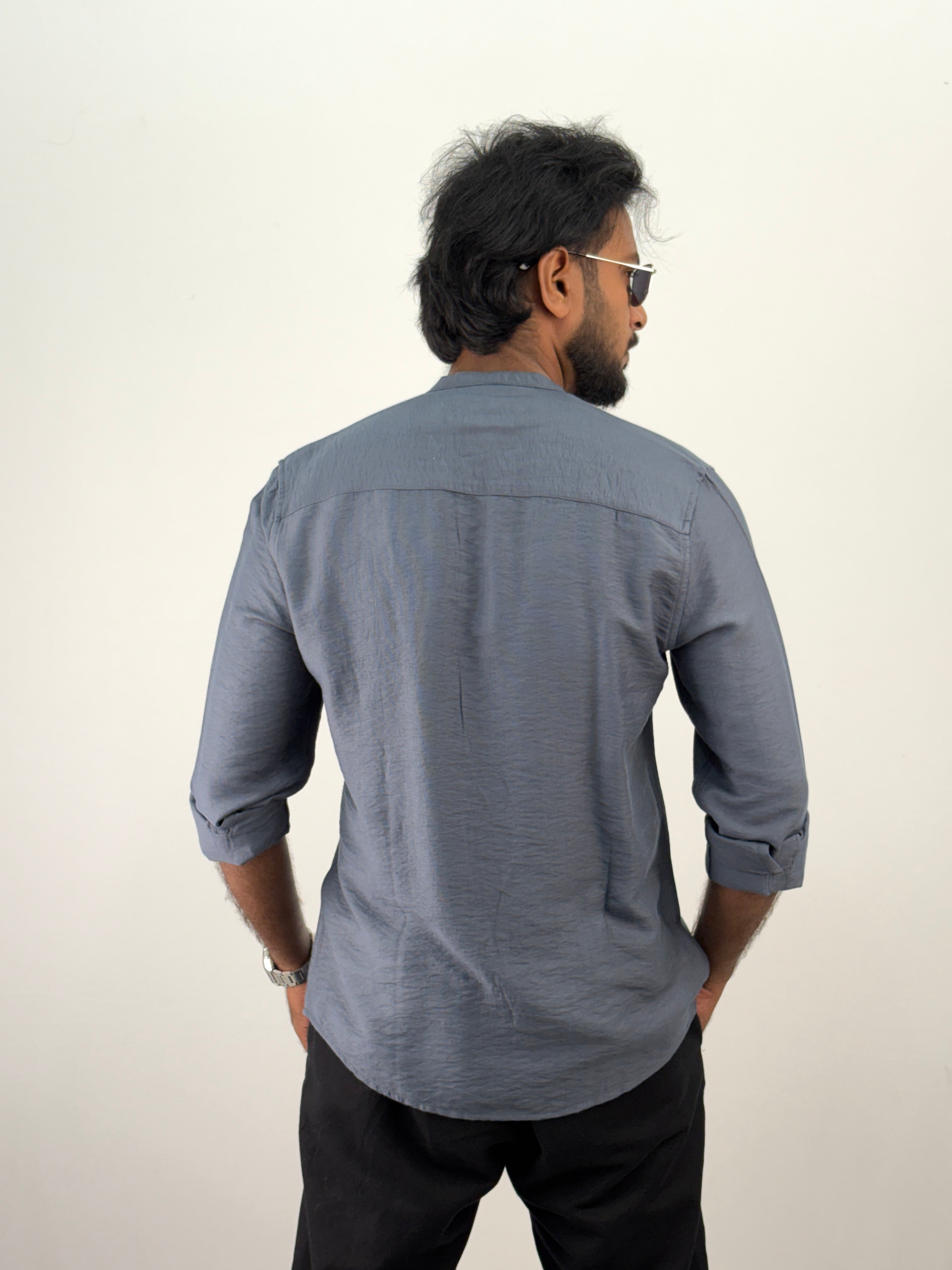 Grey Mandarin Collar Embroidery Shirt