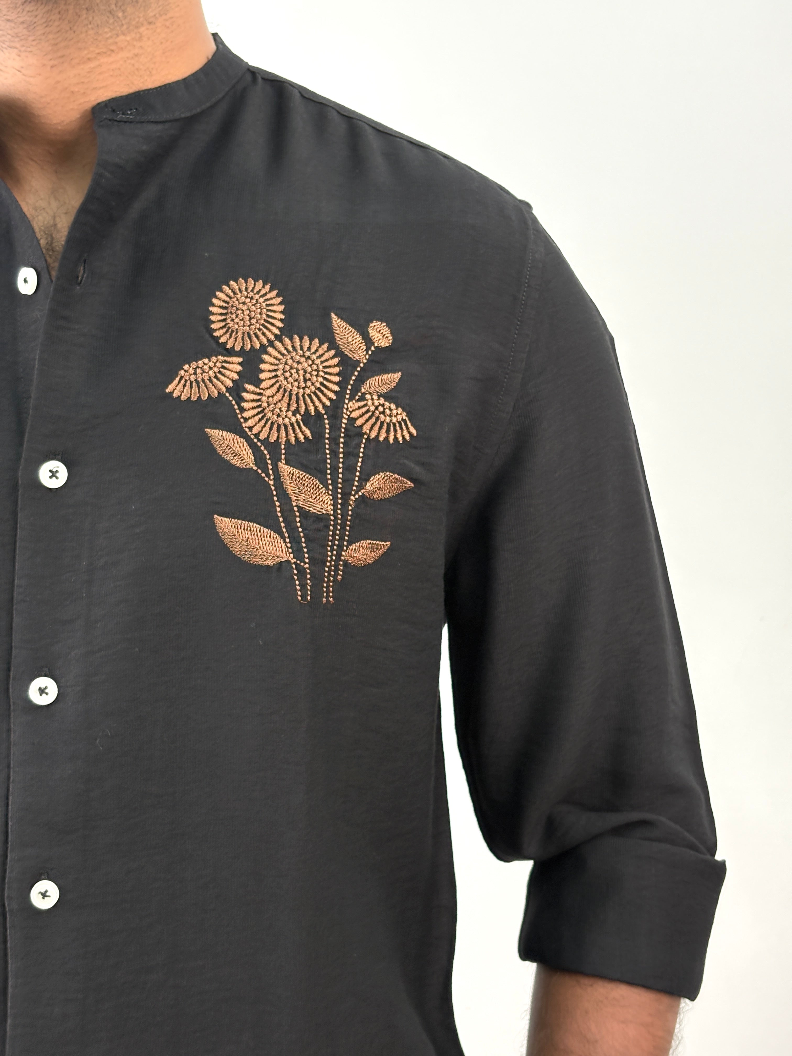 Black Mandarin Collar Embroidery Shirt