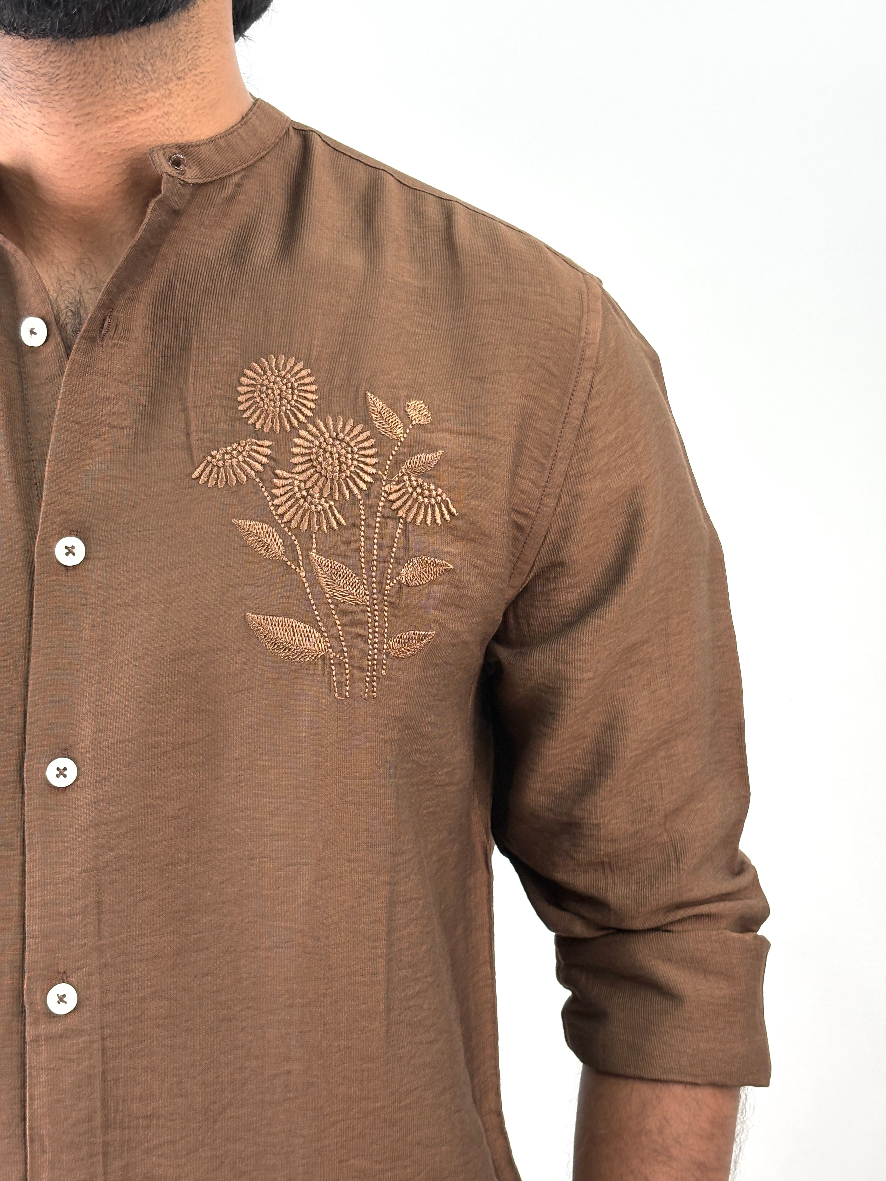 Brown Mandarin Collar Embroidery Shirt