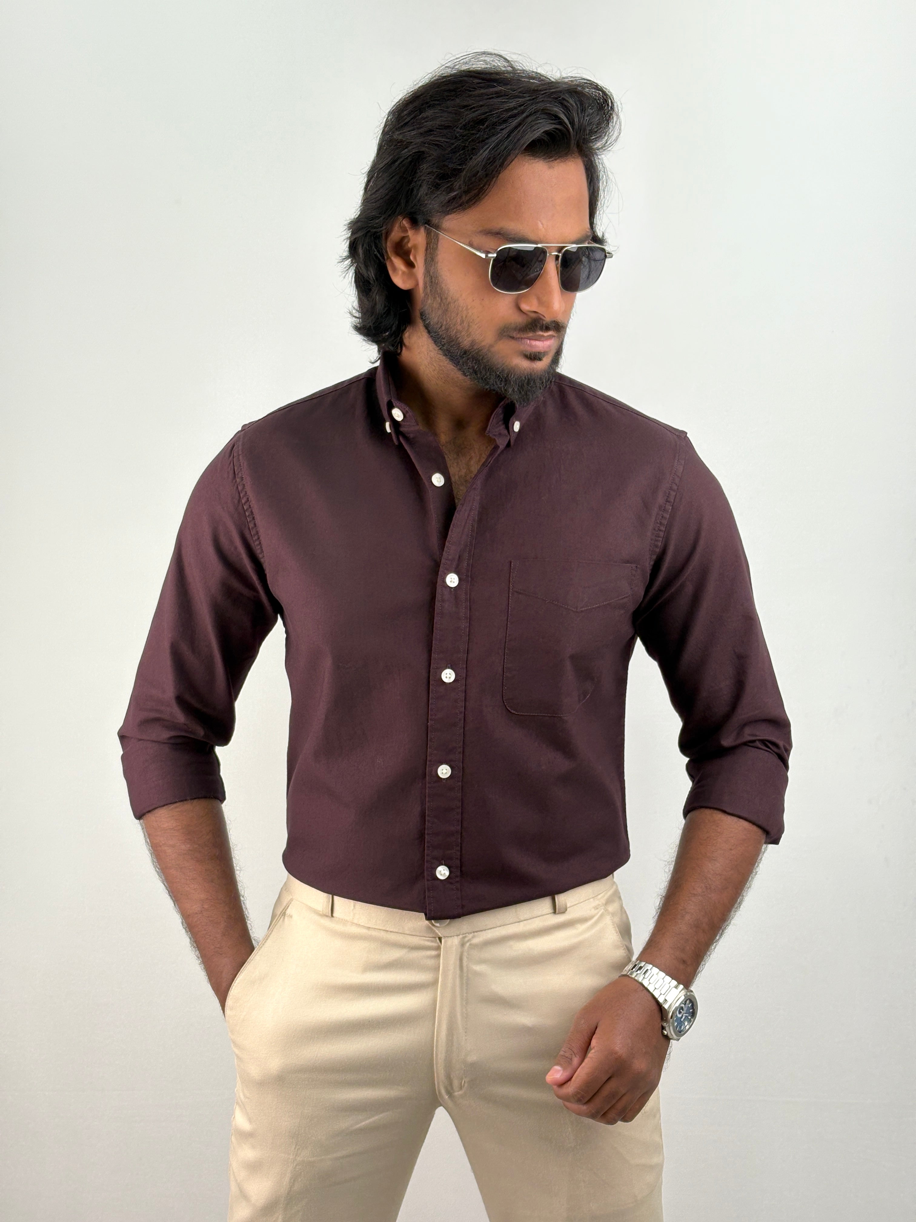 Wine Plain Oxford Shirt 2