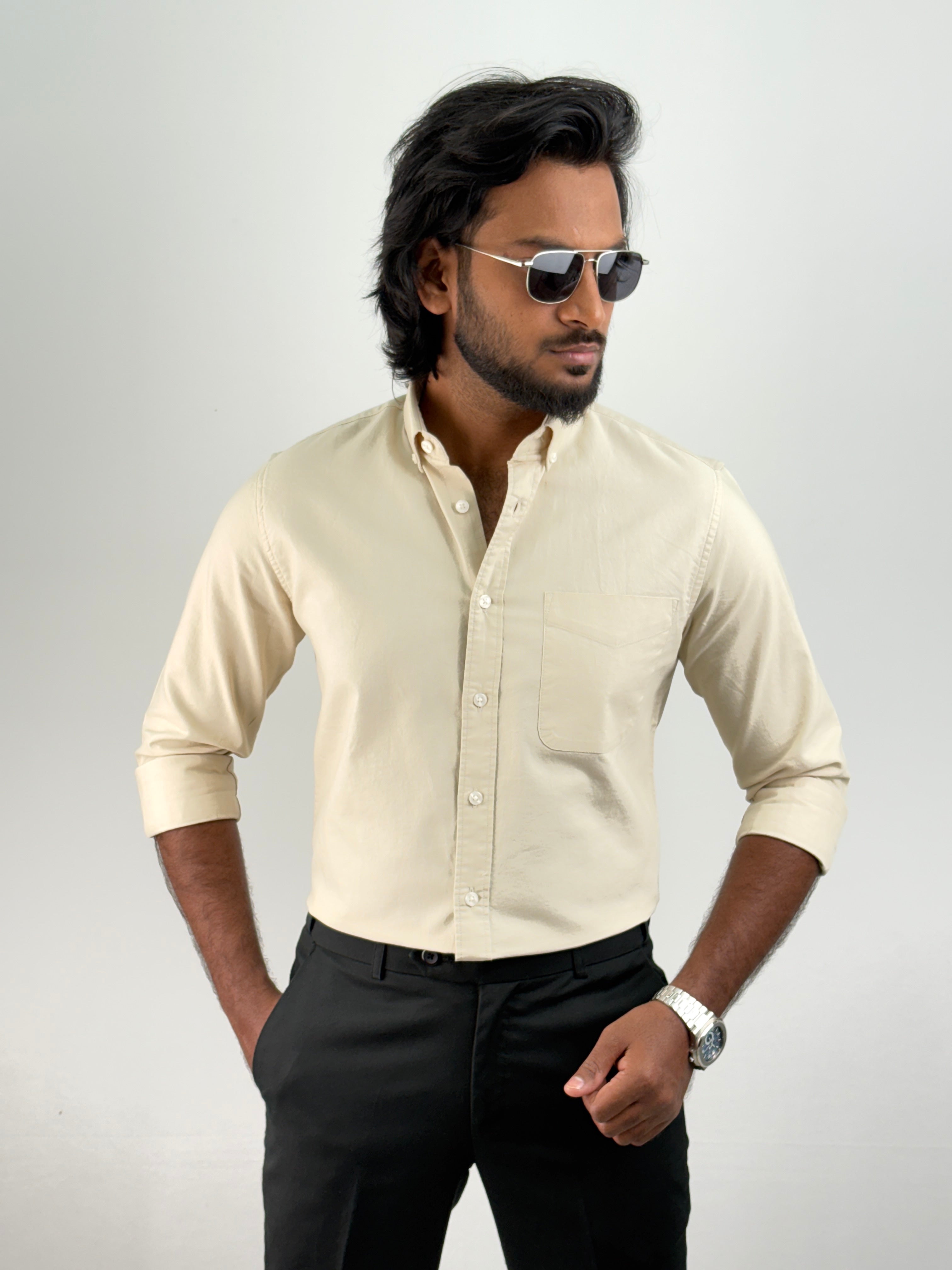 Beige Plain Oxford Shirt 2