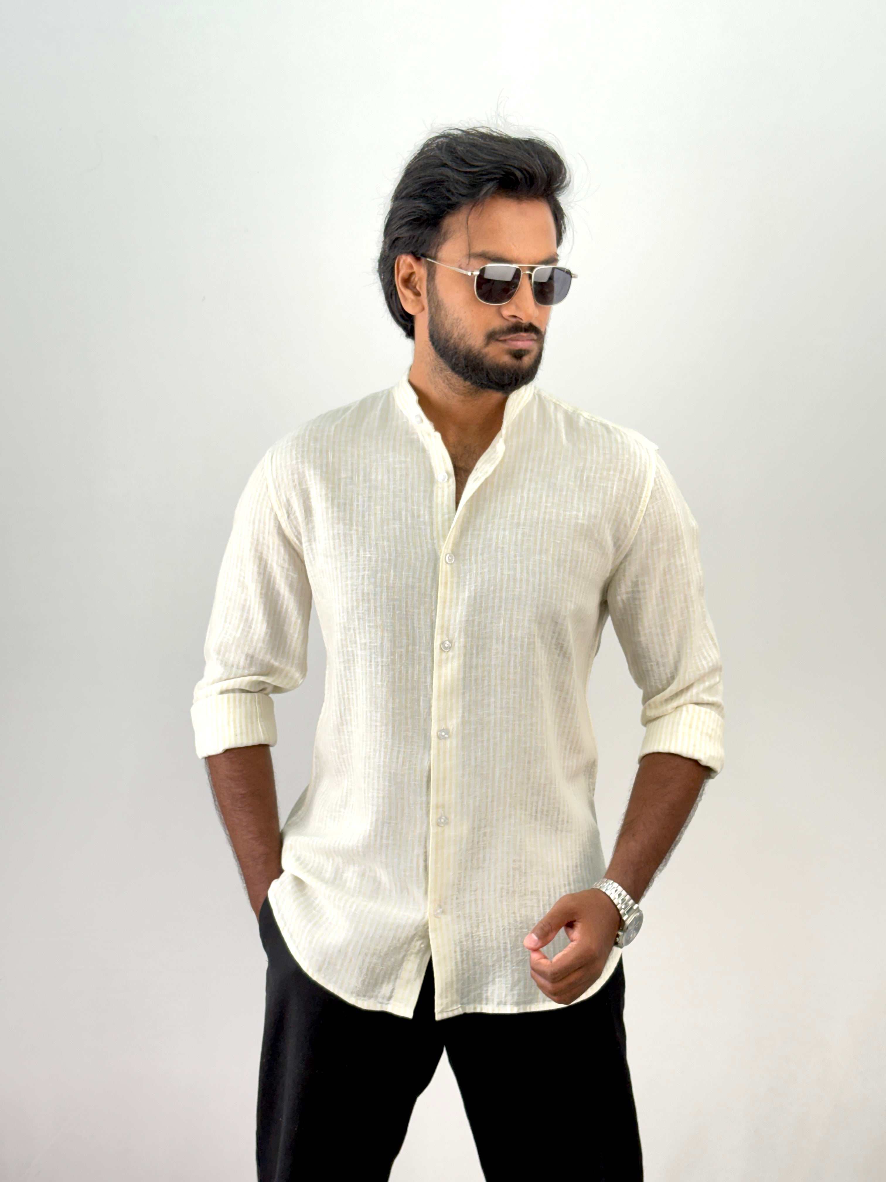 Beige Mandarin Collar Linen Stripe Shirt