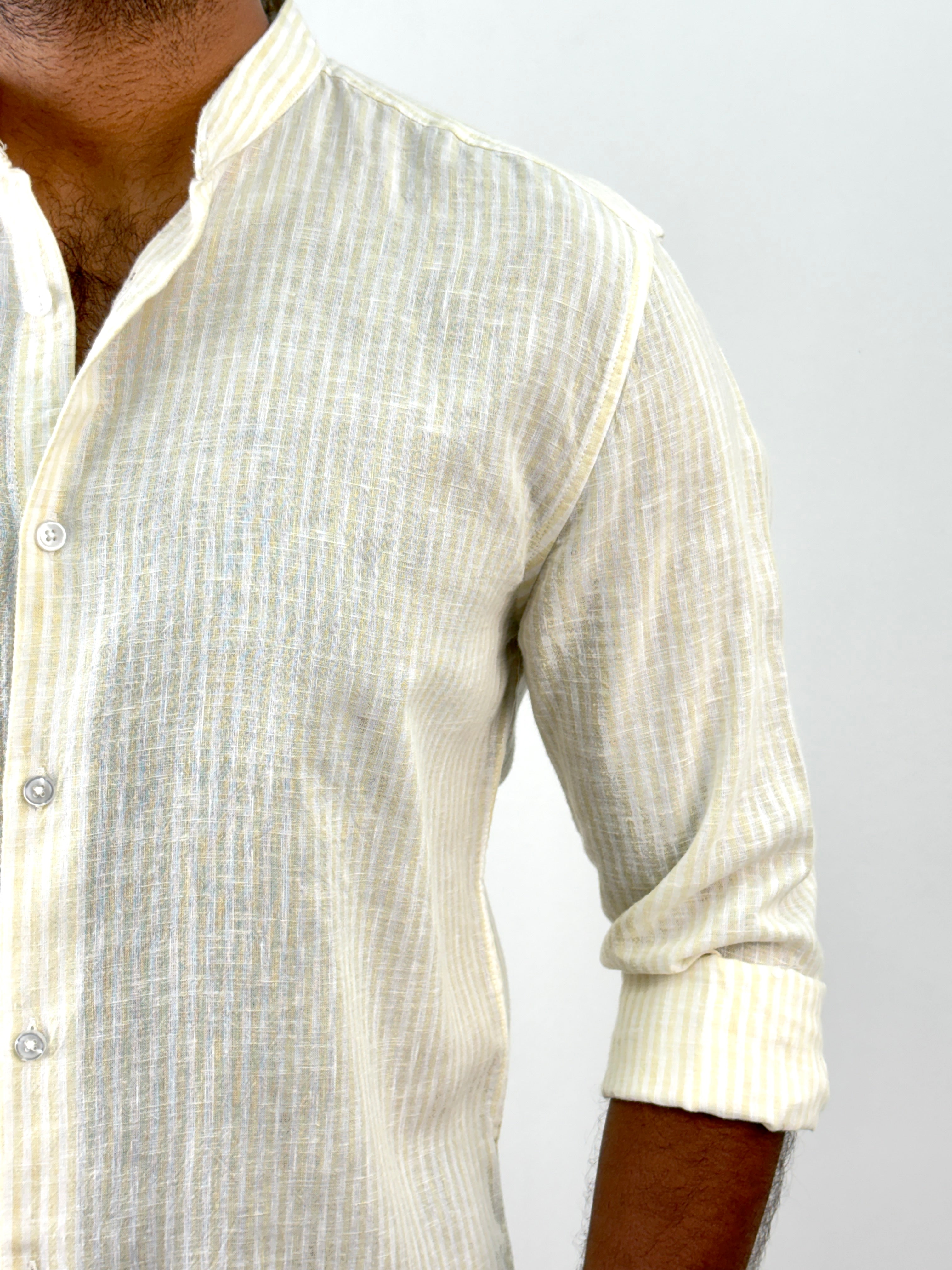 Beige Mandarin Collar Linen Stripe Shirt