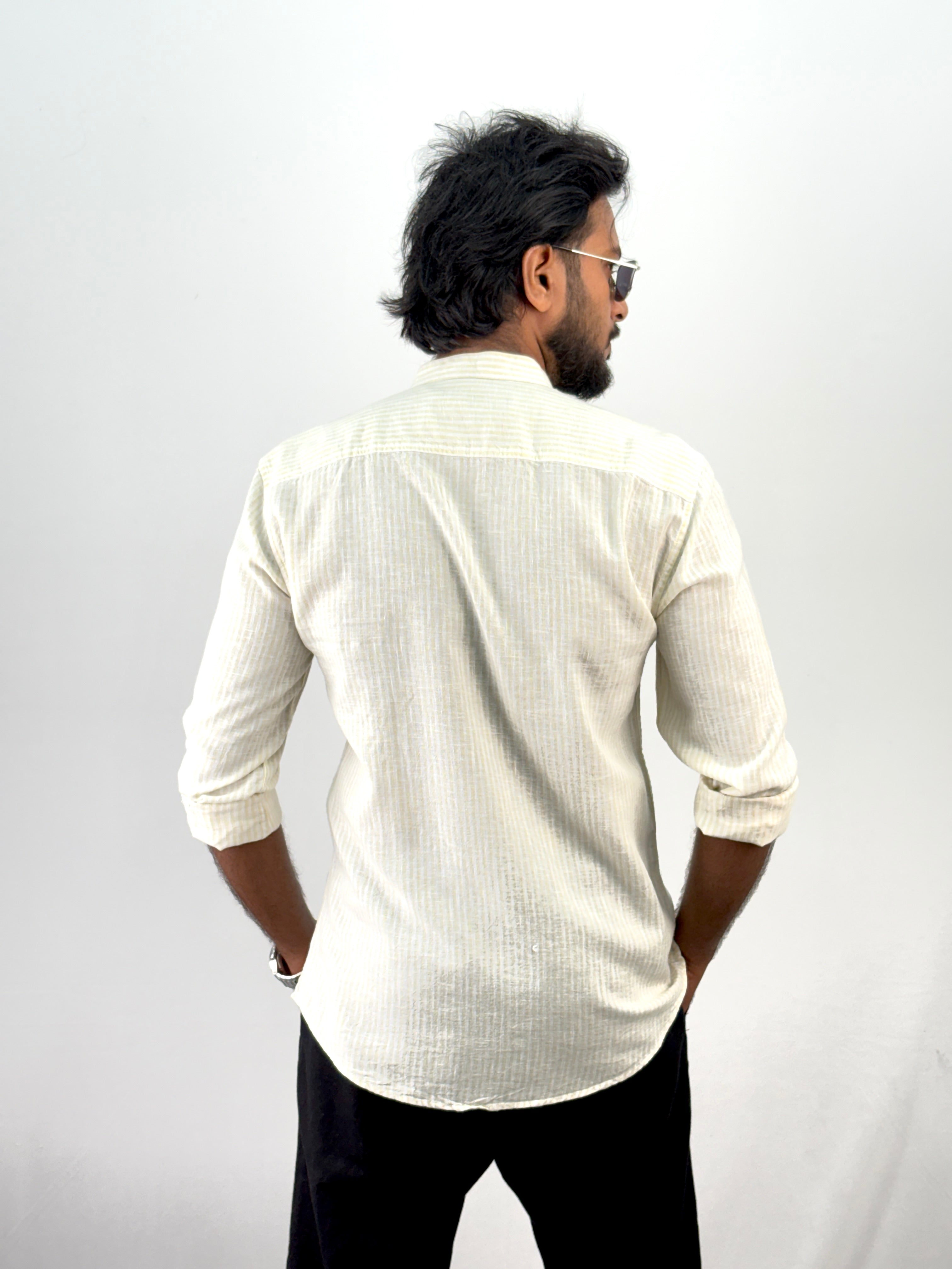 Beige Mandarin Collar Linen Stripe Shirt