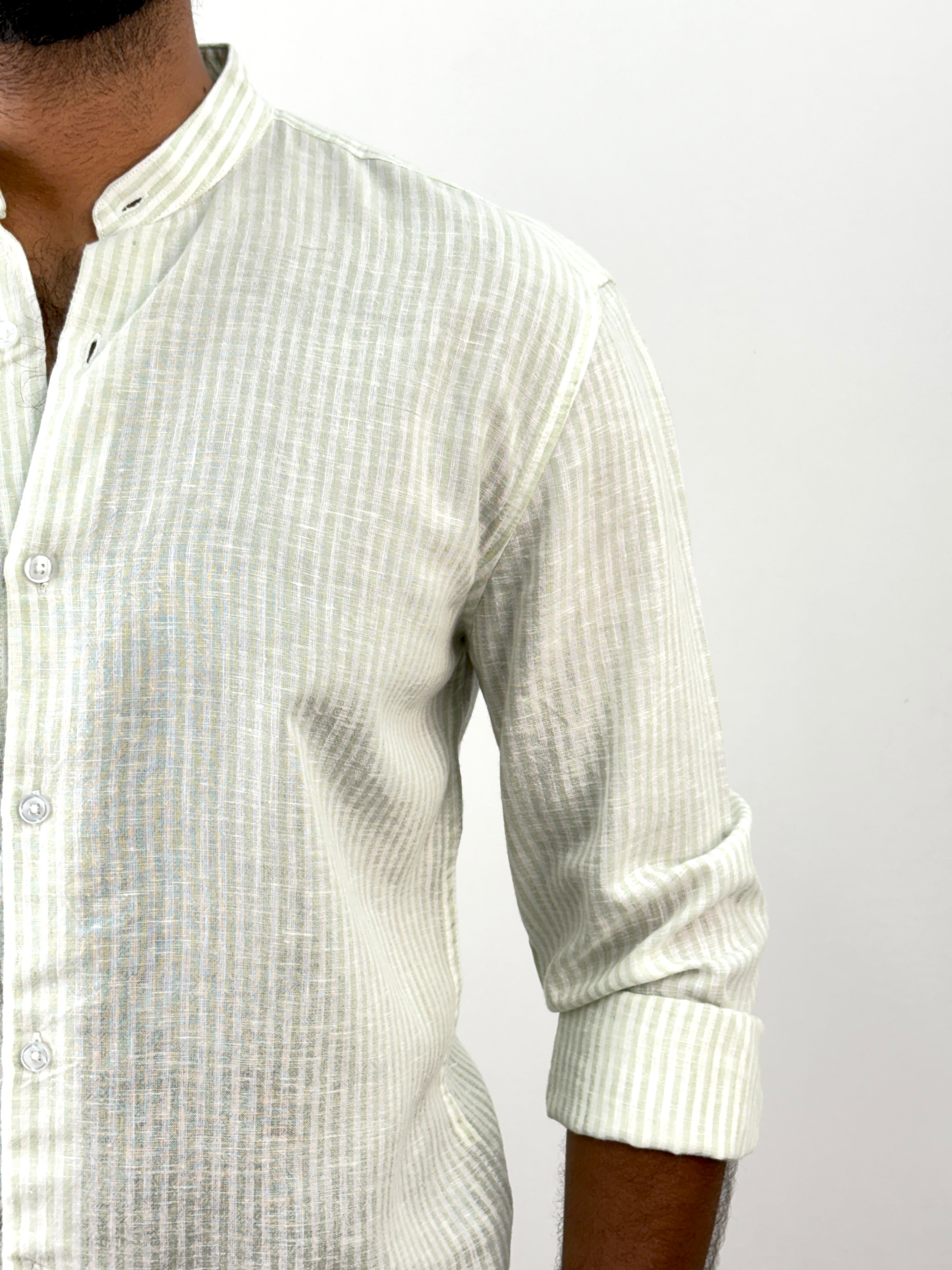 Green Mandarin Collar Linen Stripe Shirt