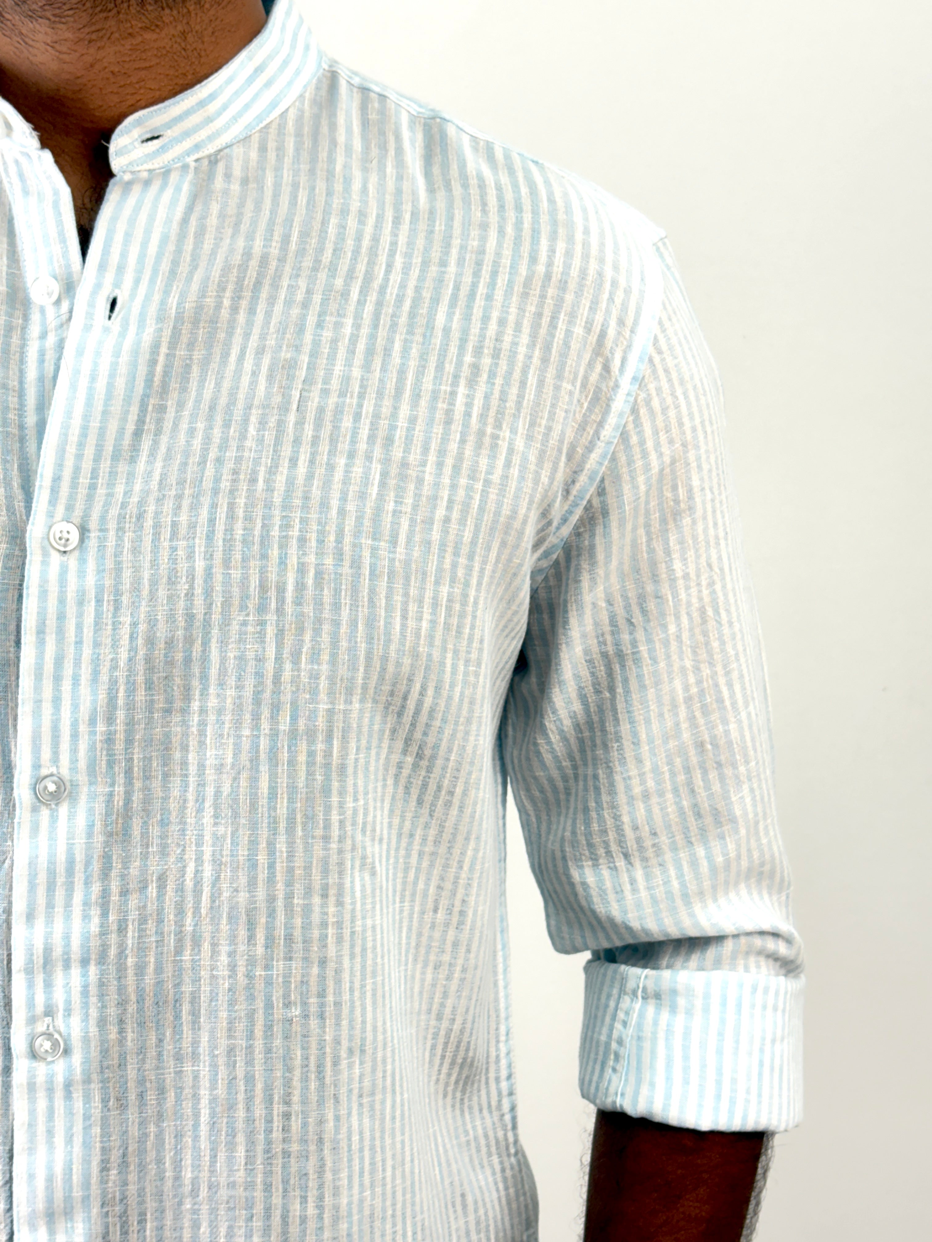 Ice Blue Mandarin Collar Linen Stripe Shirt
