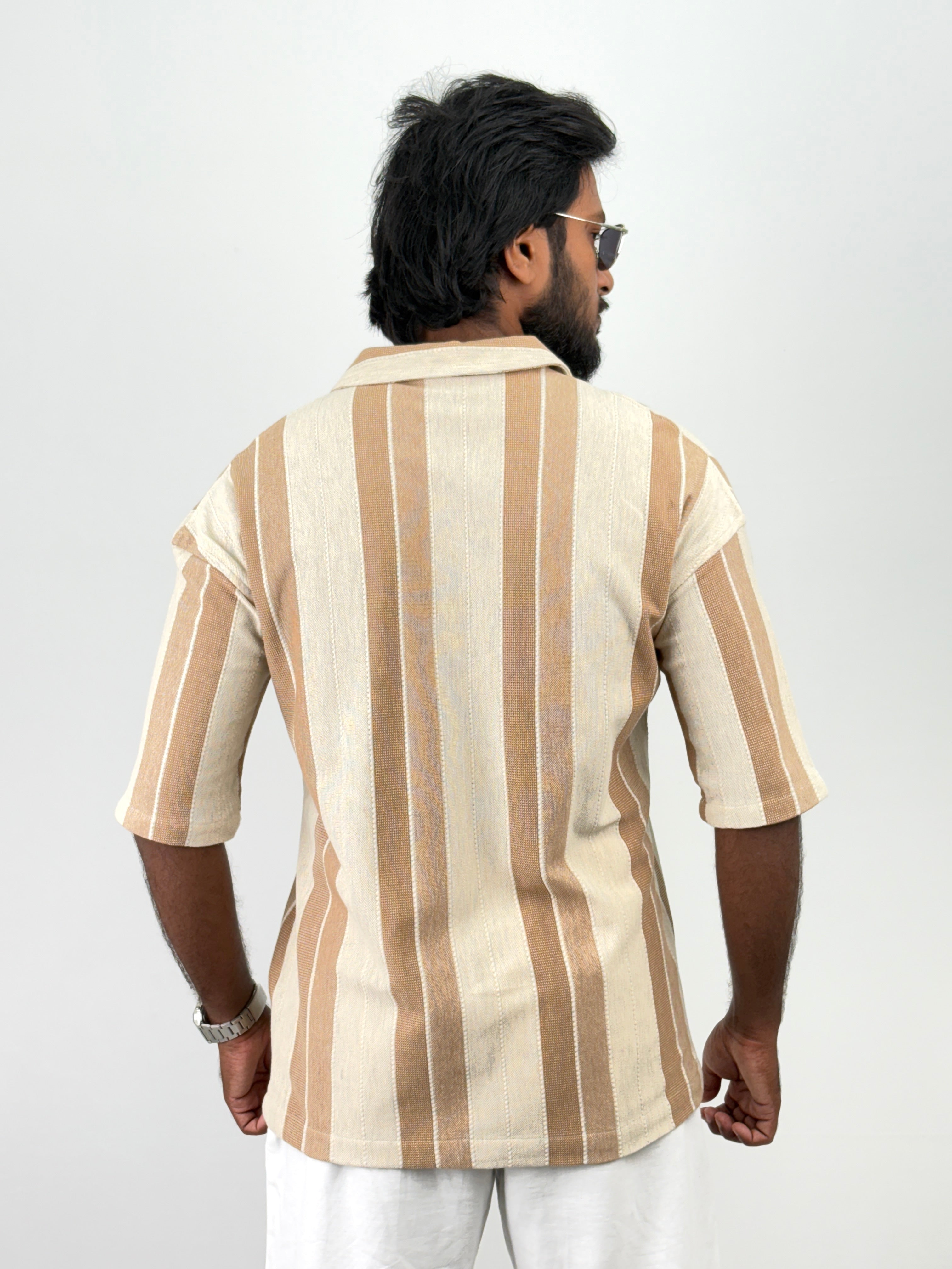 Beige Half Sleeve Stripe Shirts