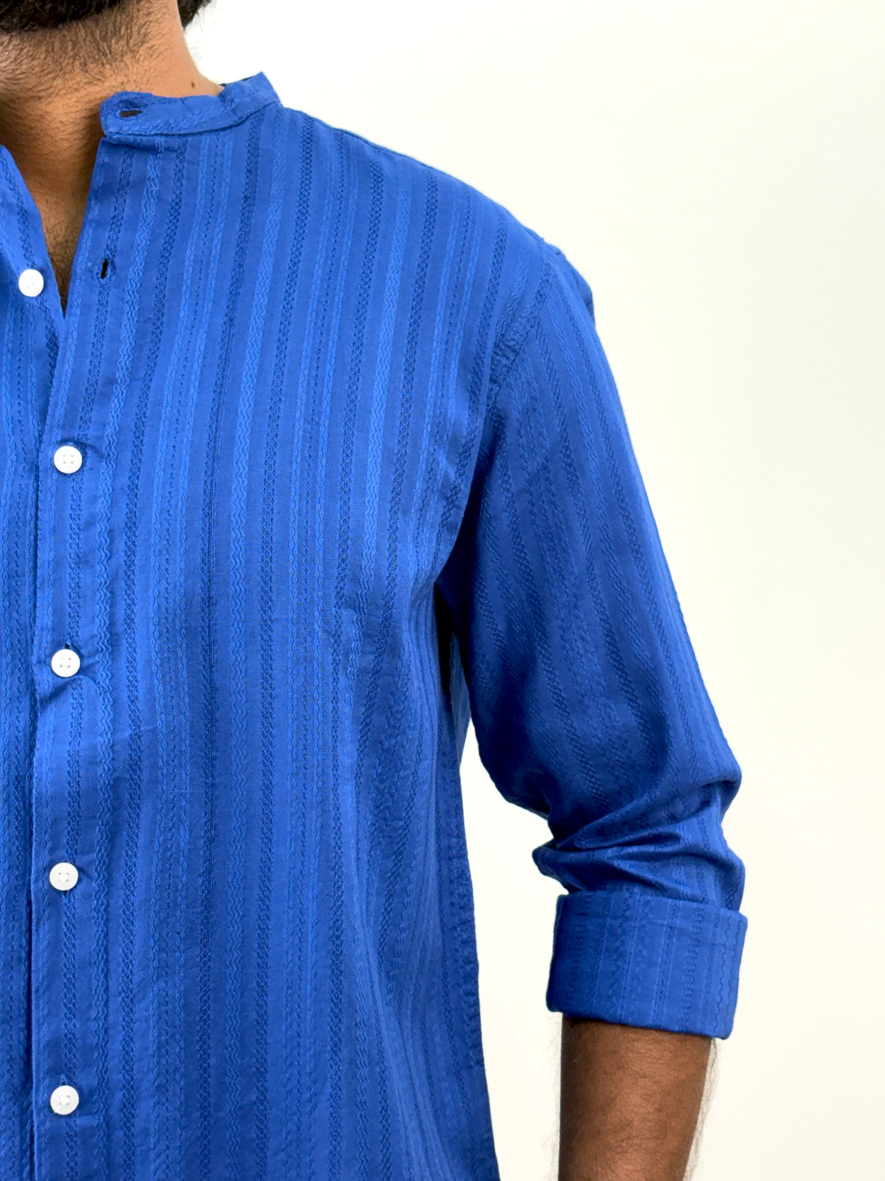 Blue Mandarin Collar Textured Shirt