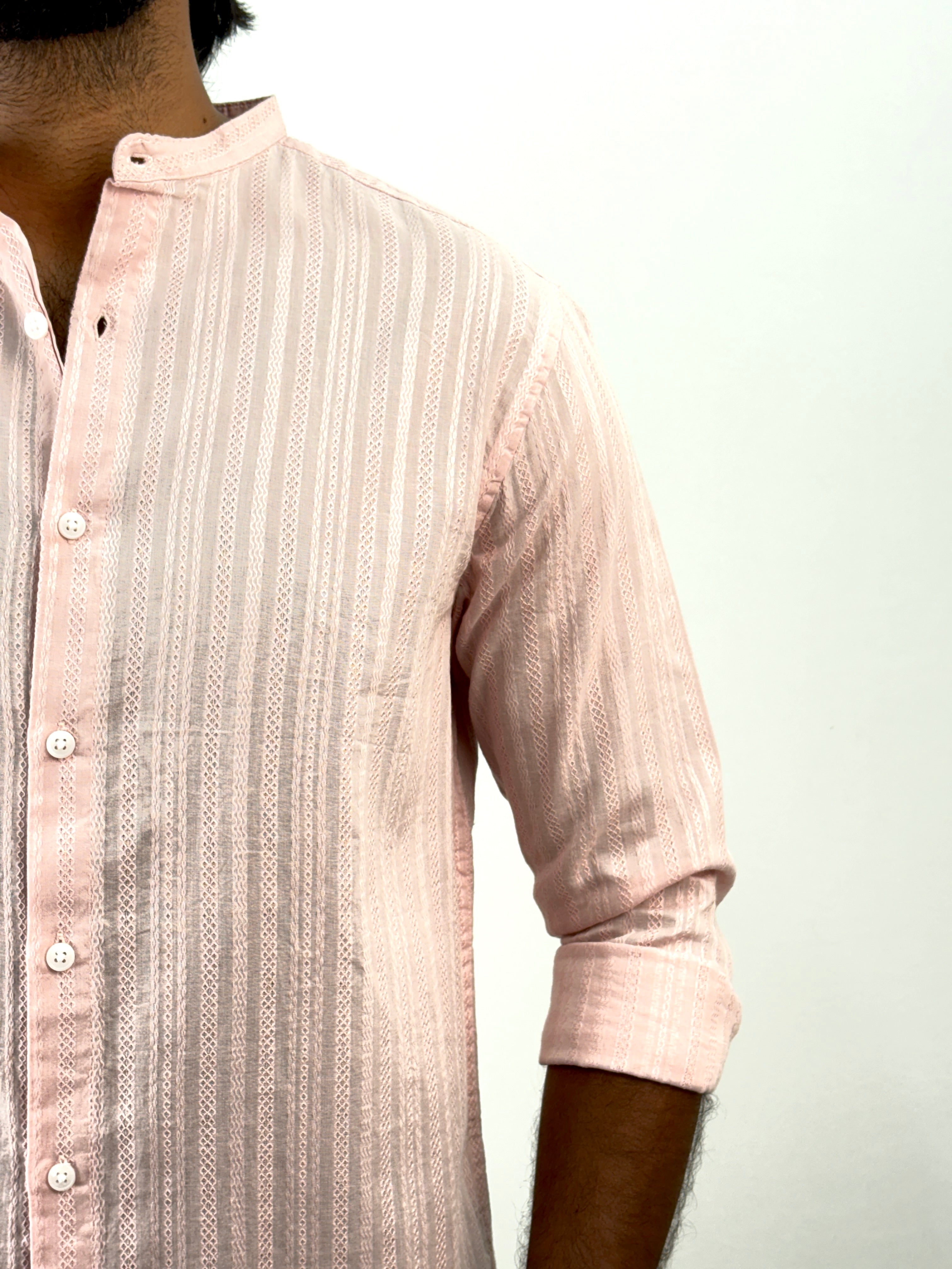 Peach Mandarin Collar Textured Shirt
