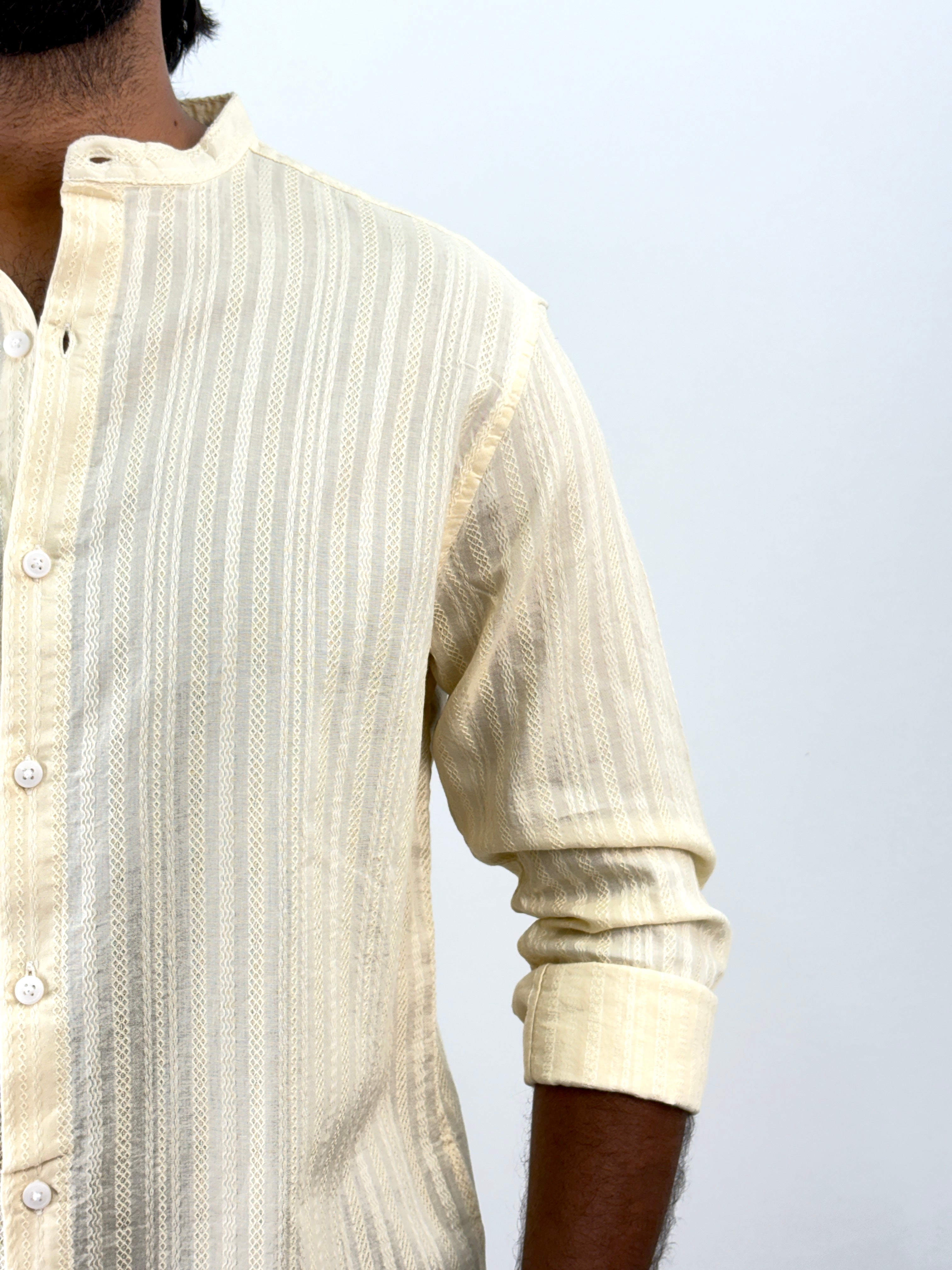 Cream Mandarin Collar Textured Shirt