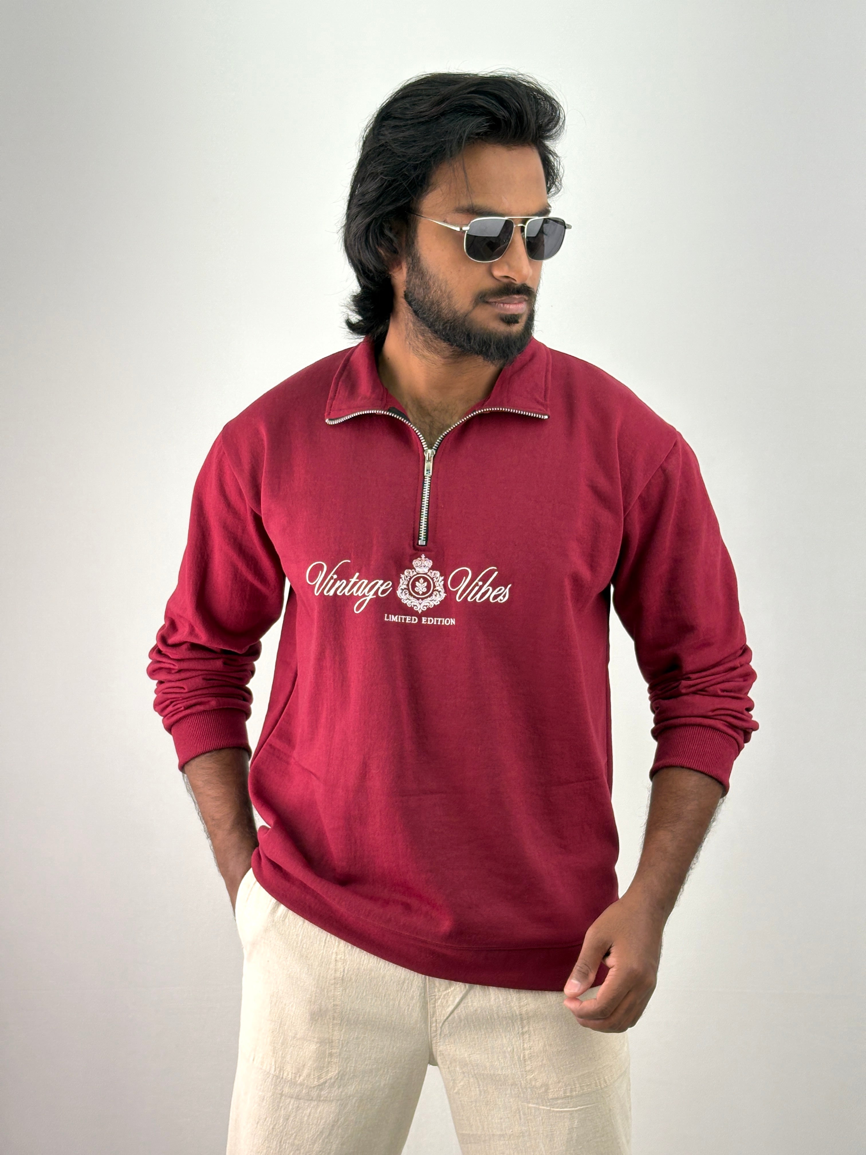 Maroon Full Sleeve Zipper T-Shirt