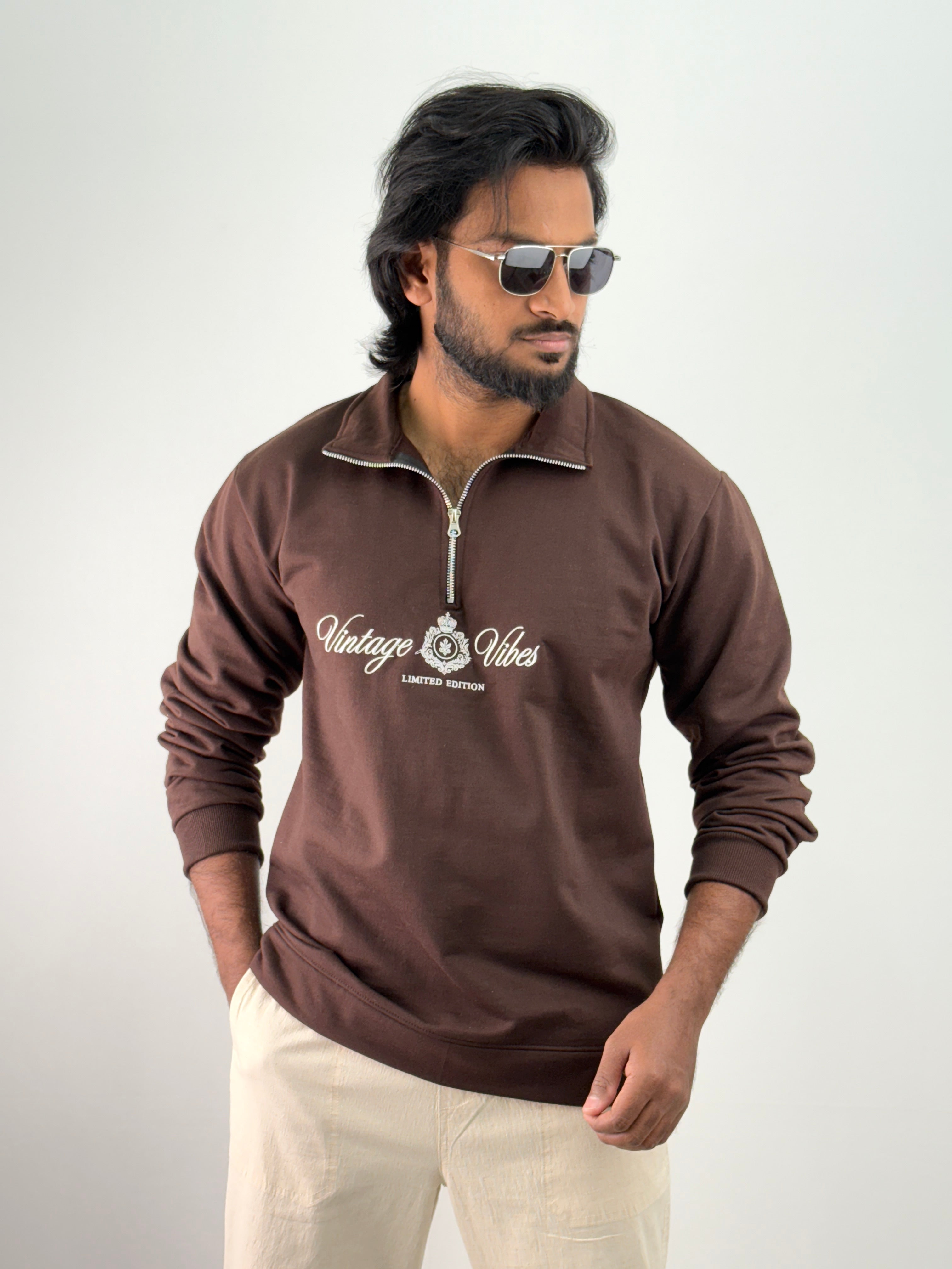 Brown Full Sleeve Zipper T-Shirt