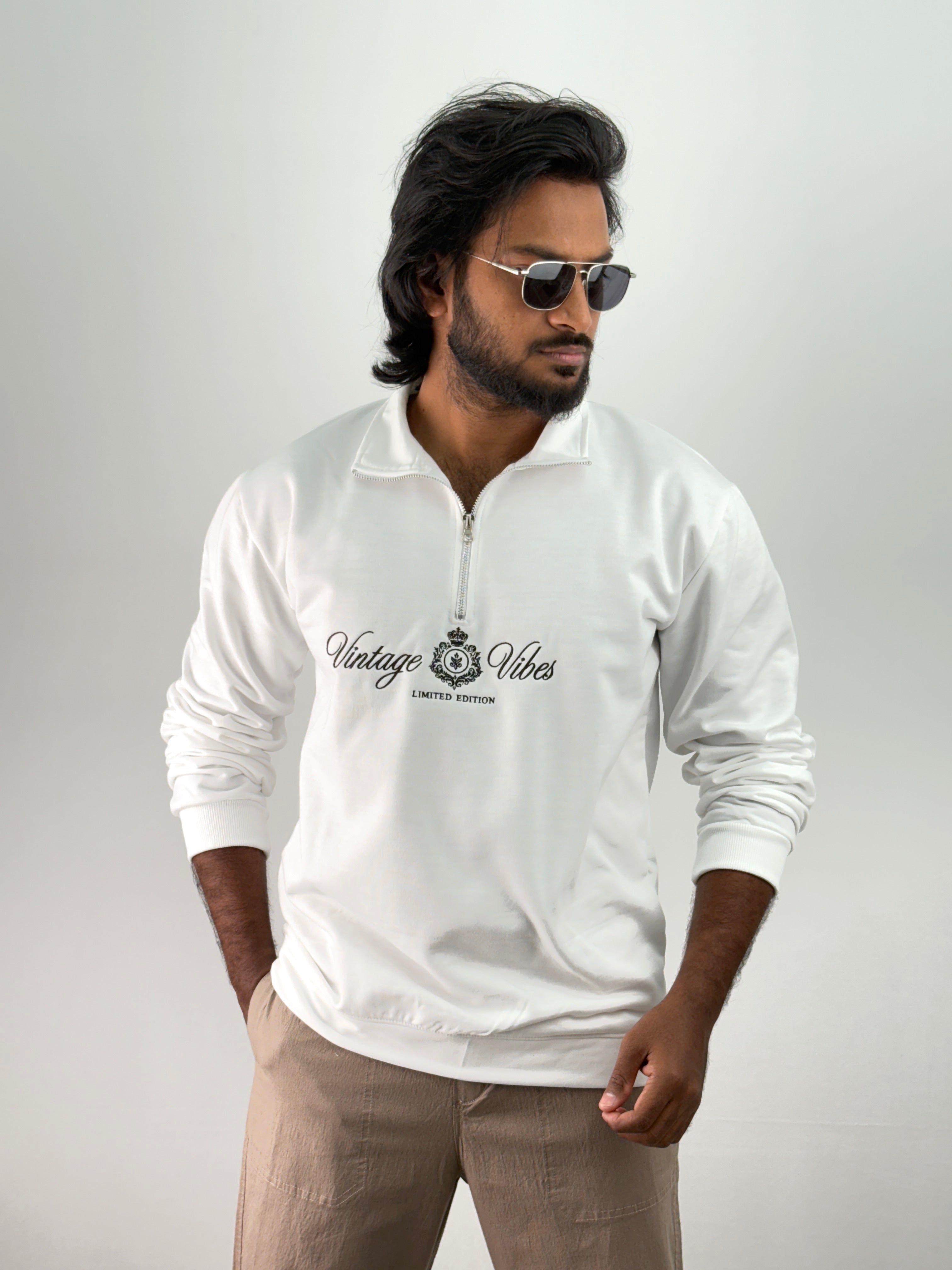 White Full Sleeve Zipper T-Shirt