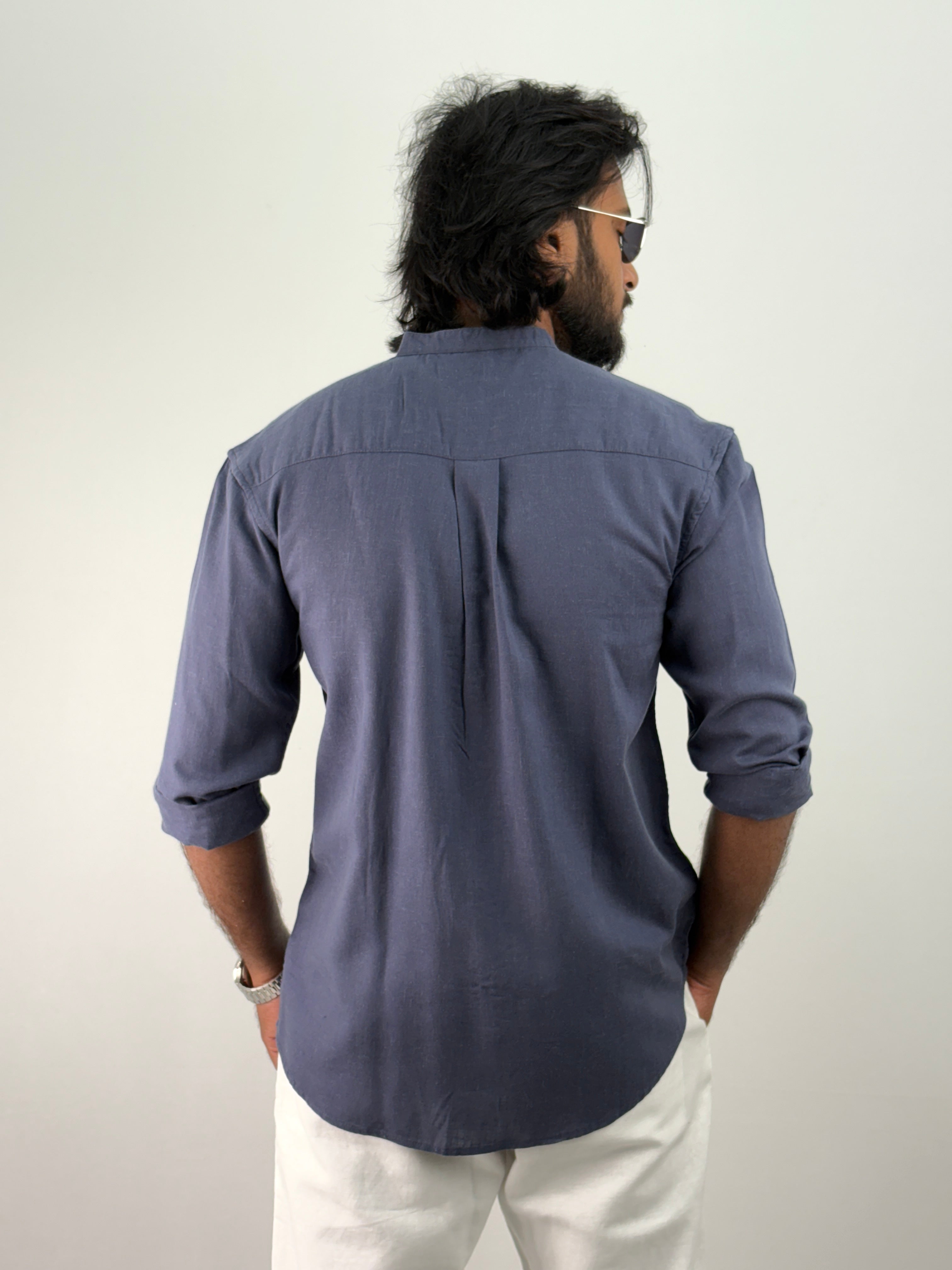 Blue Mandarin Collar Linen Shirt