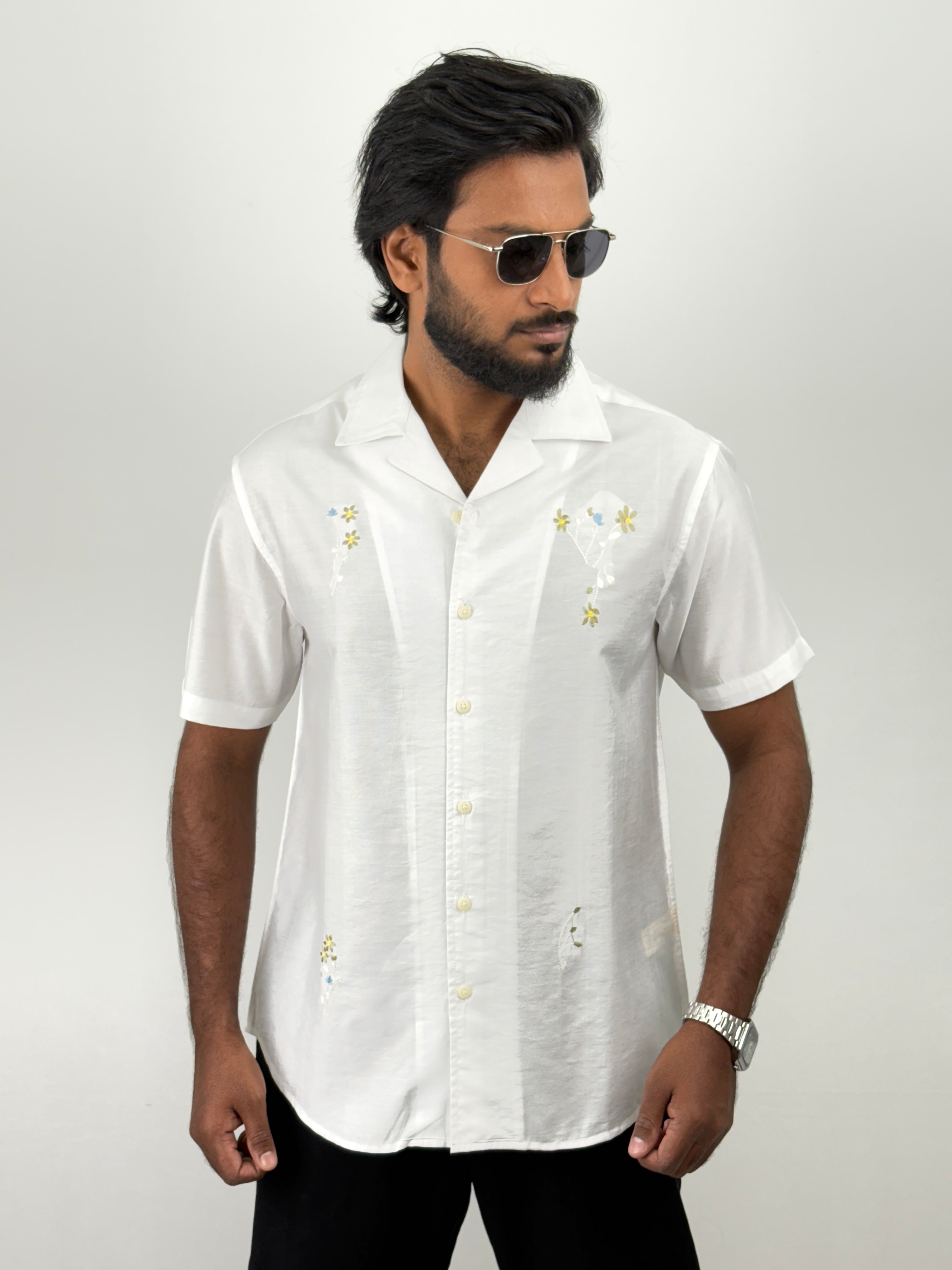 White Half Sleeve Embroidery Shirt