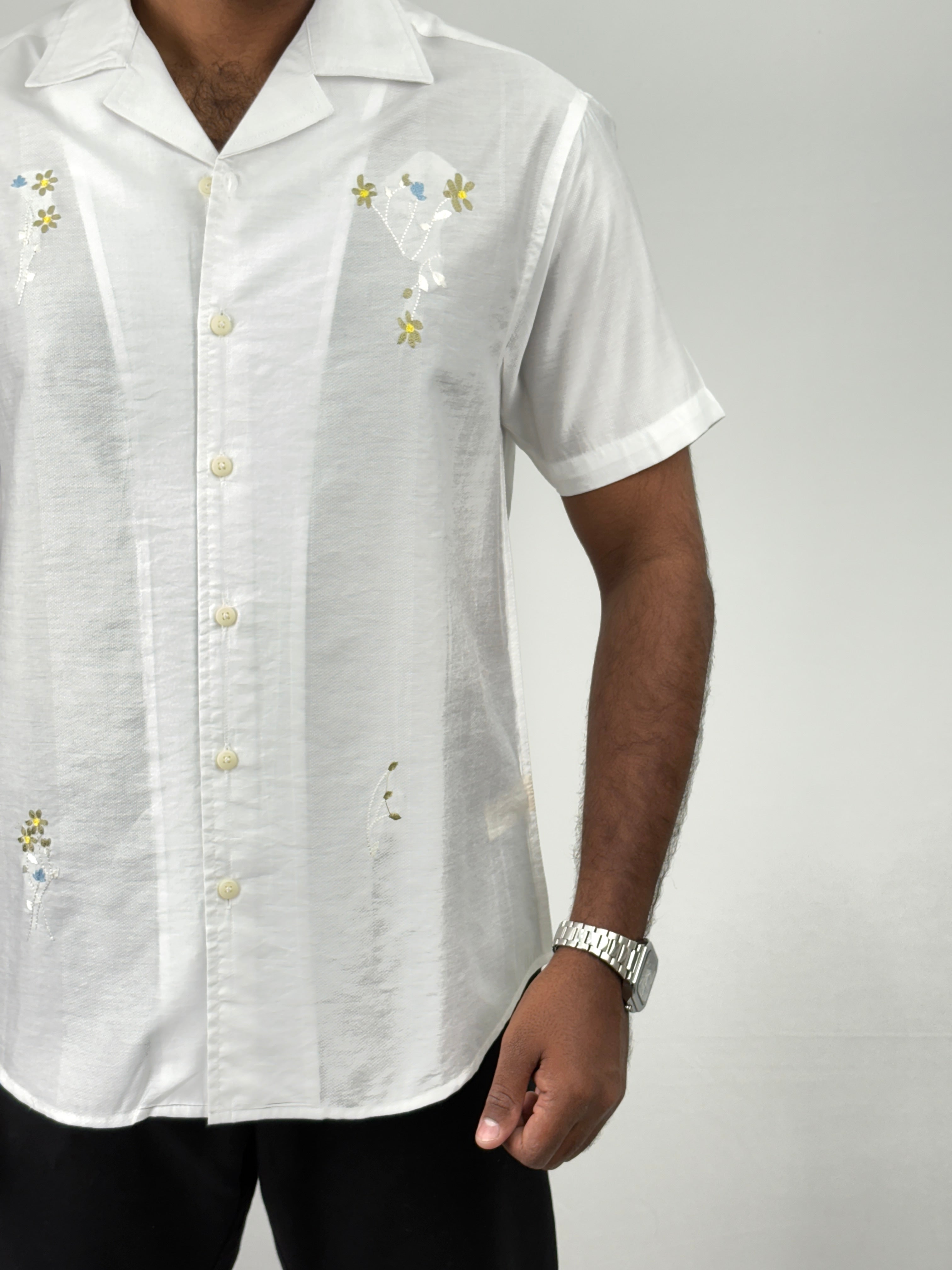 White Half Sleeve Embroidery Shirt