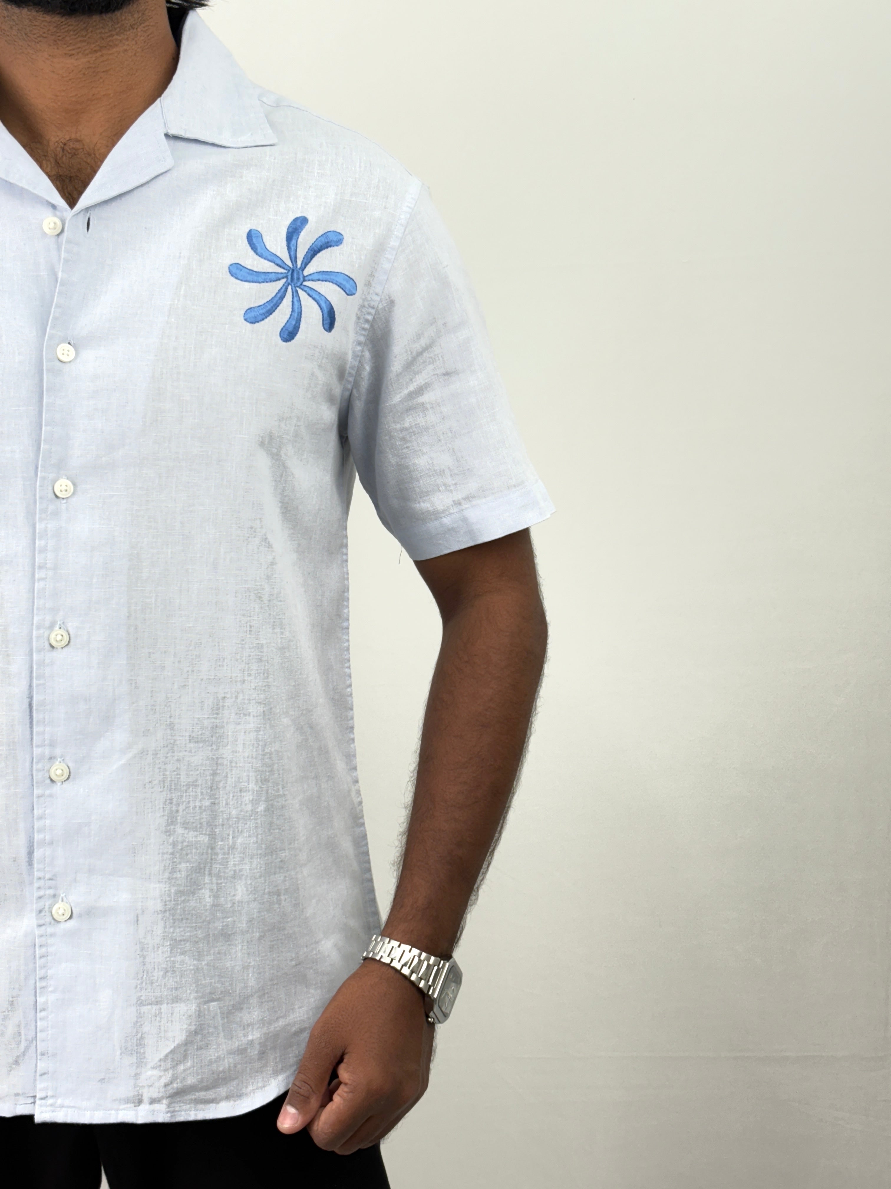 Ice Blue Half Sleeve Embroidery Shirt