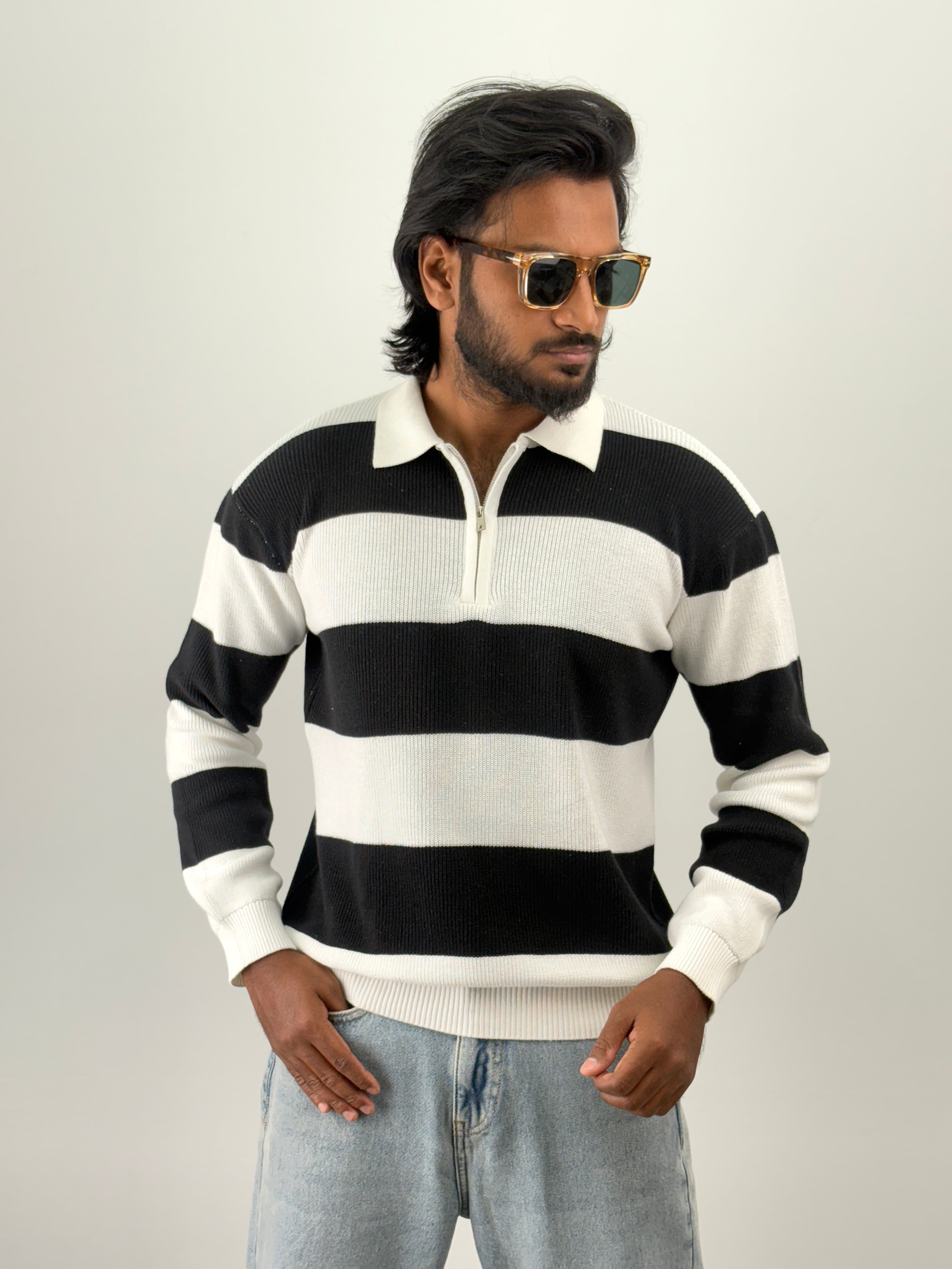 White Black Full Sleeve Zipper T-Shirt