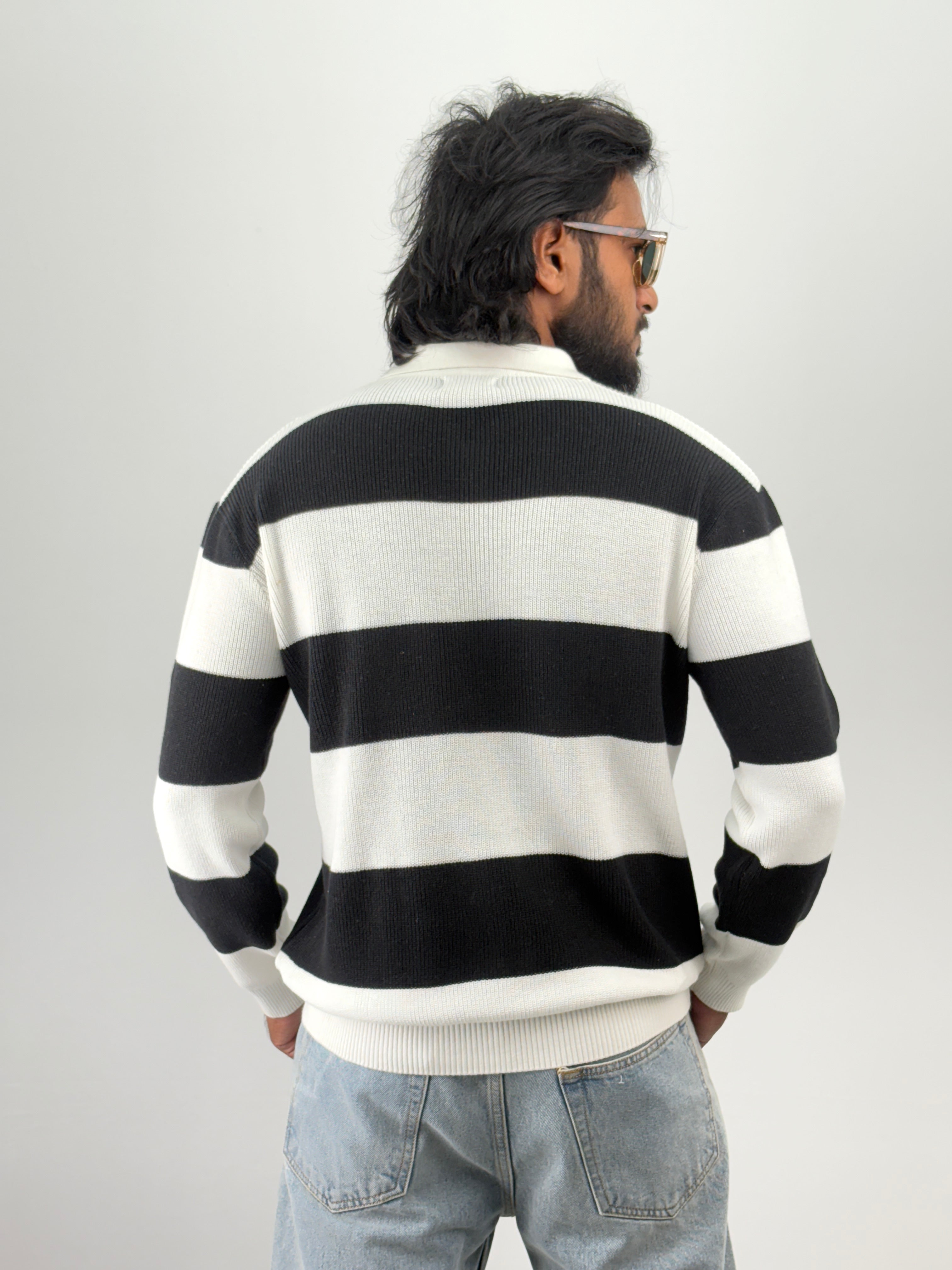 White Black Full Sleeve Zipper T-Shirt