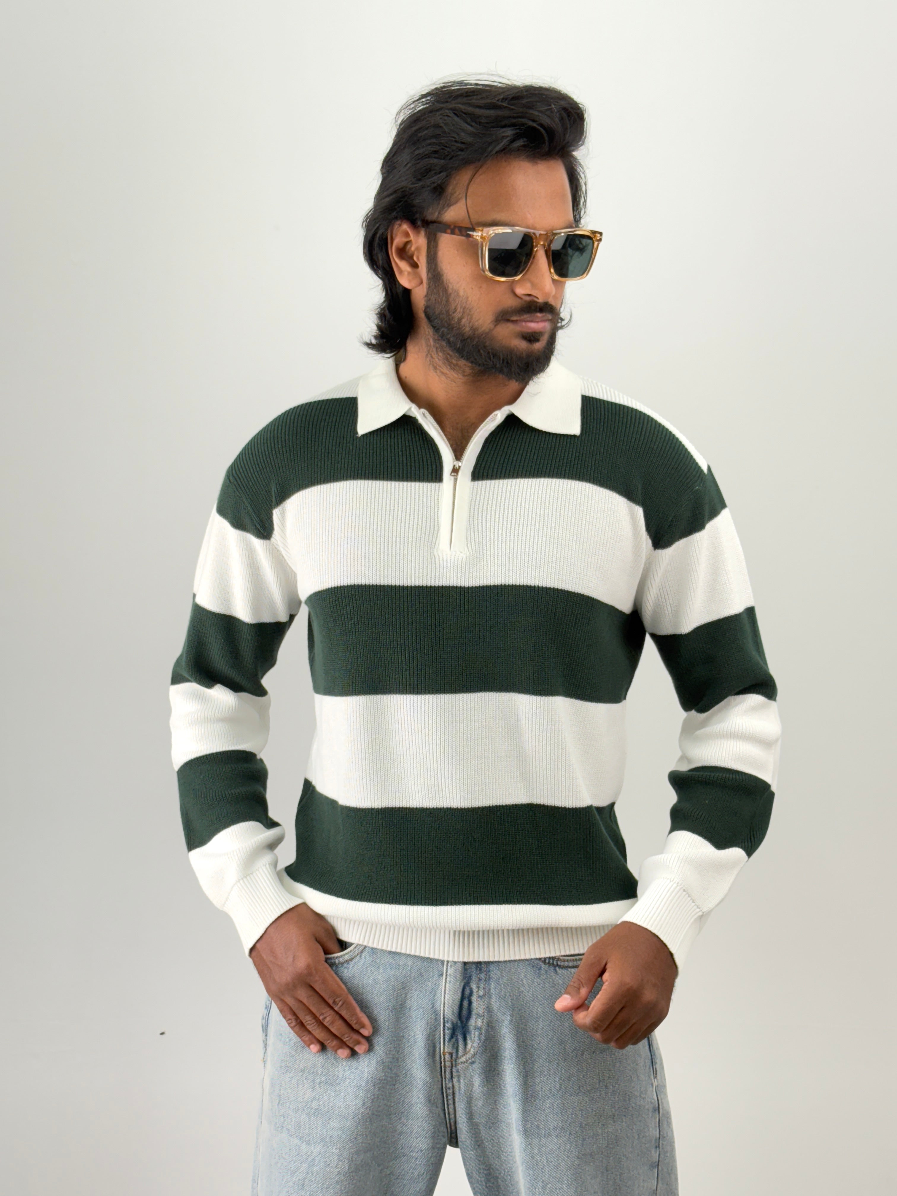 White Green Full Sleeve Zipper T-Shirt