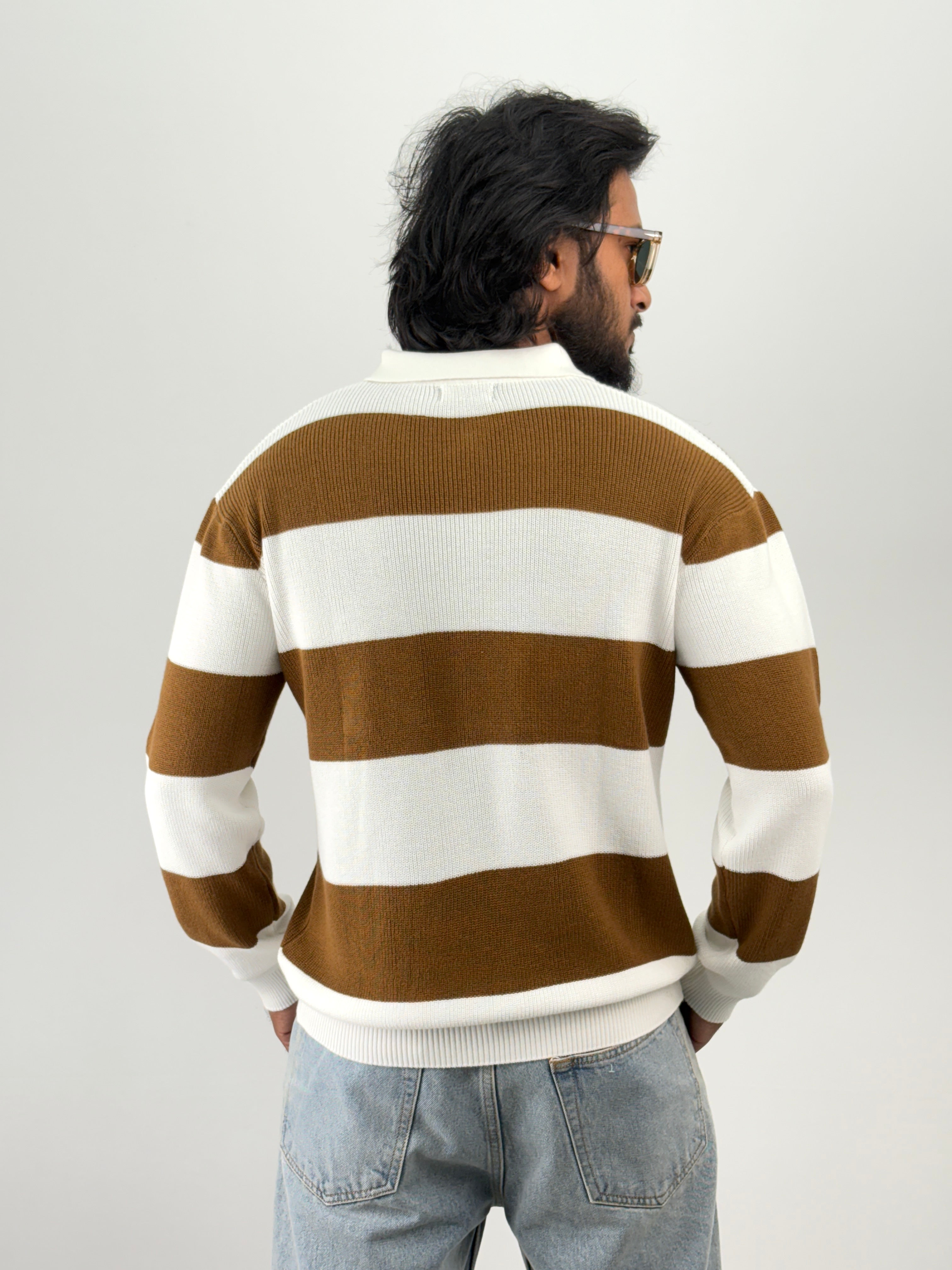 White Brown Full Sleeve Zipper T-Shirt
