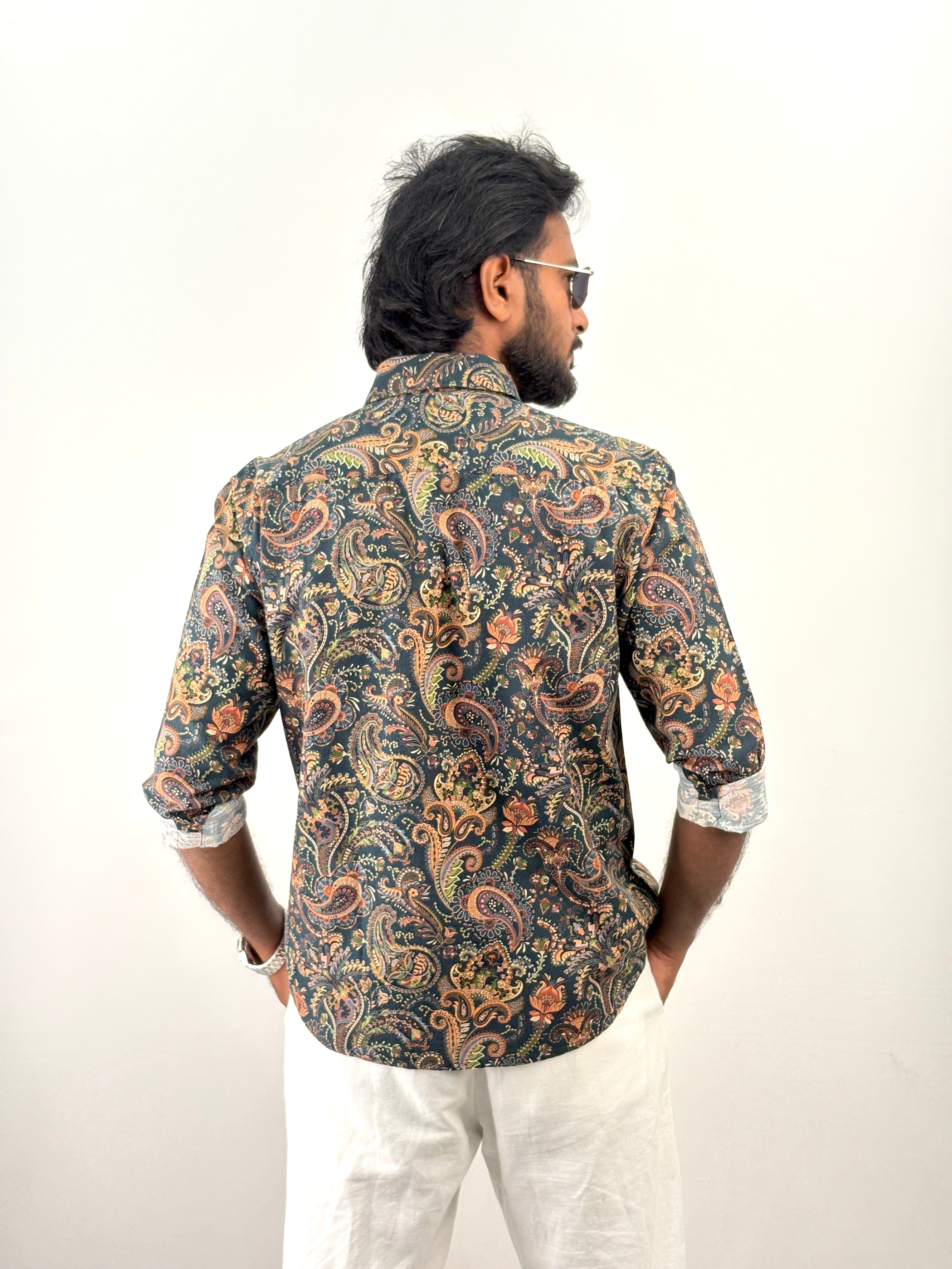 Green Linen Printed Shirt