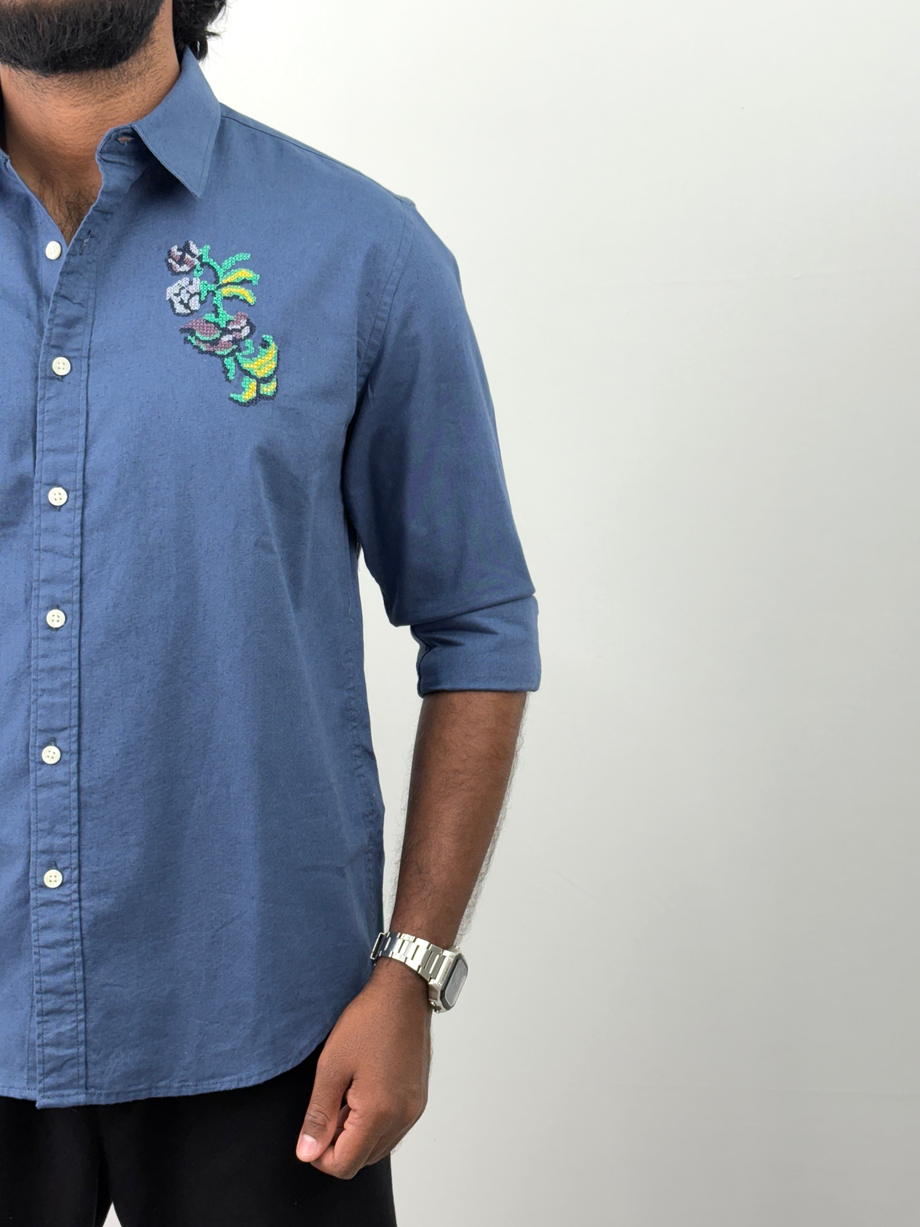 Blue Linen Embroidery Shirts