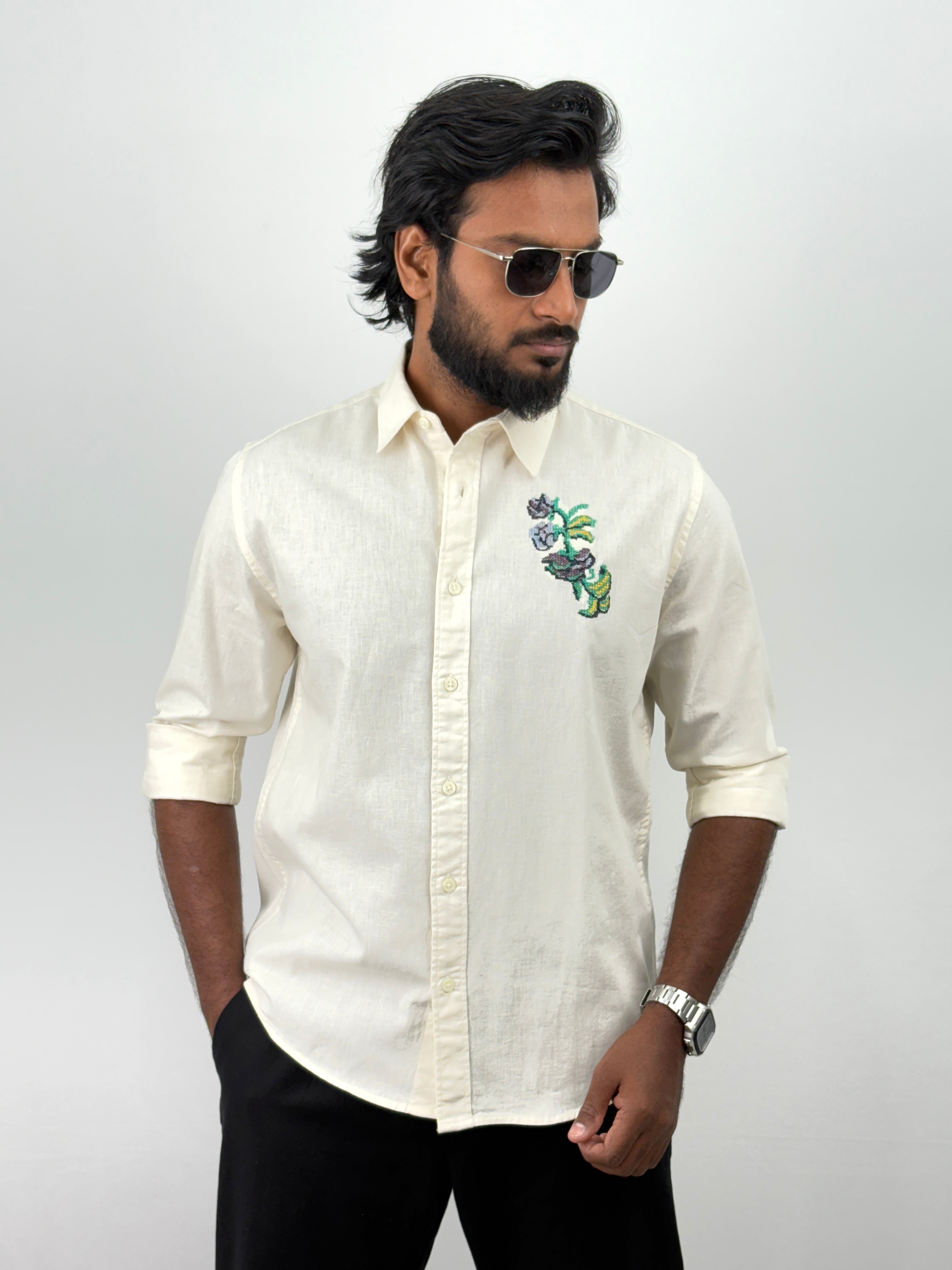 Cream Linen Embroidery Shirts