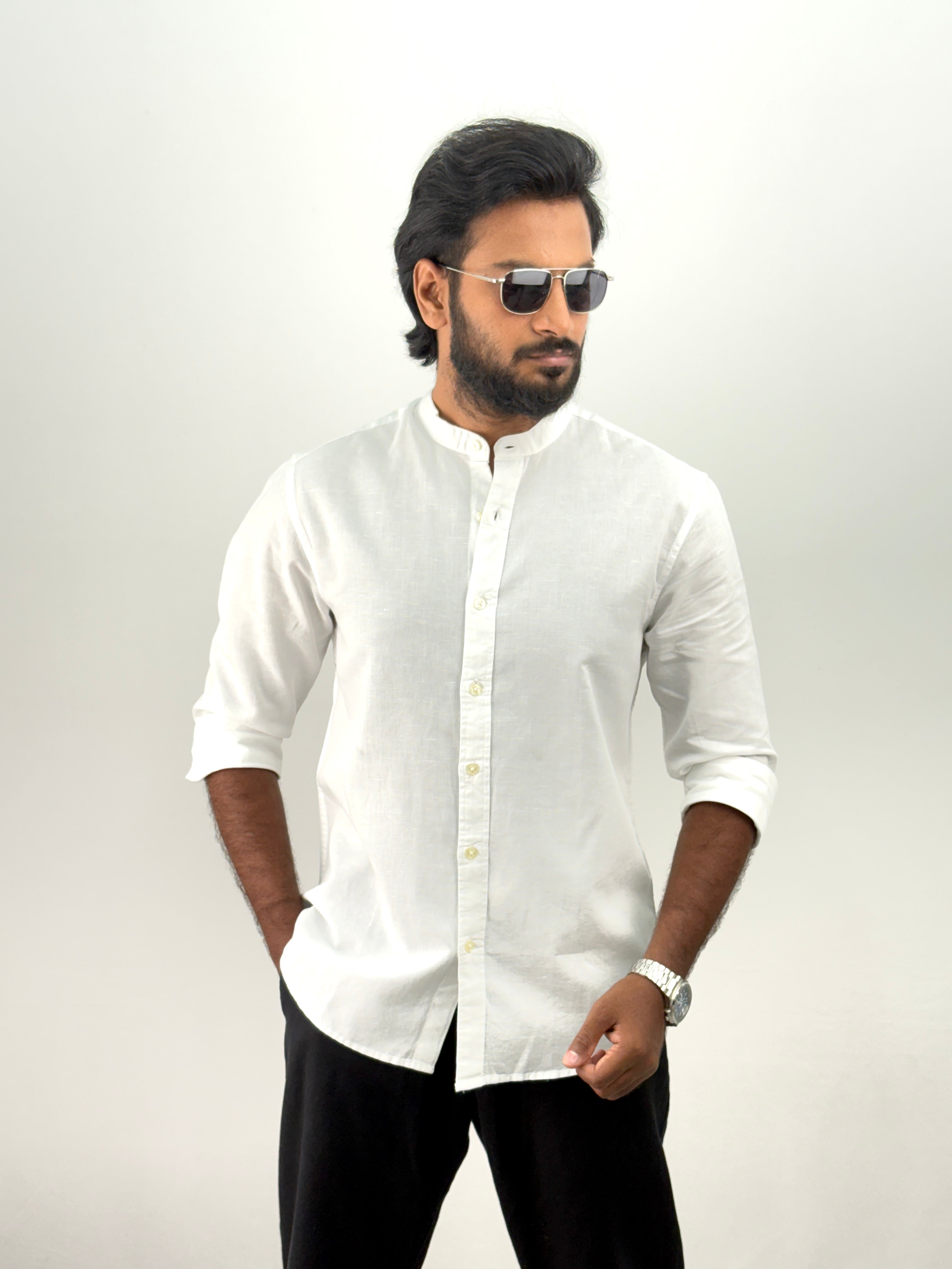 White Mandarin Collar Shirt