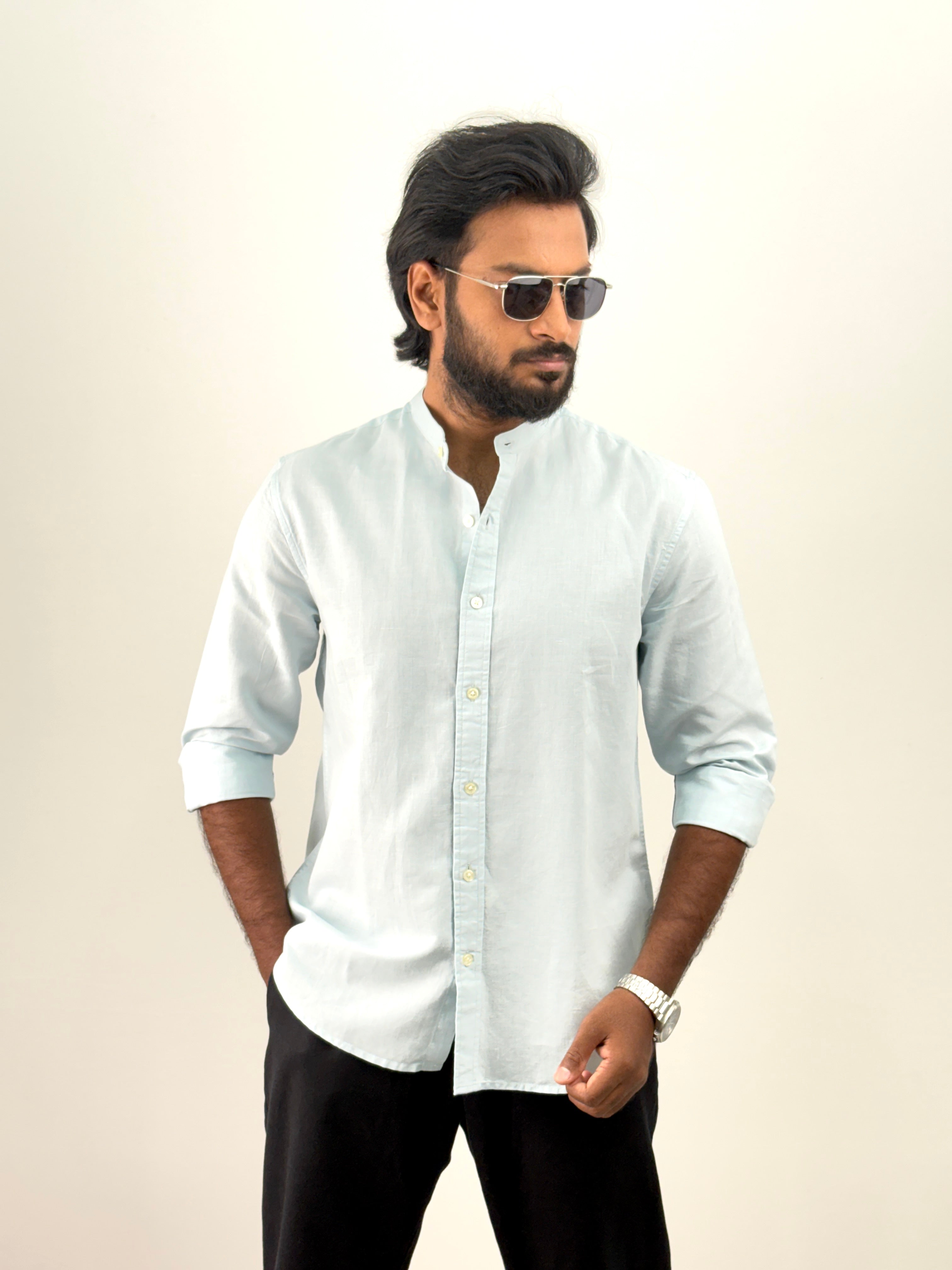 Ice Blue Mandarin Collar Shirt