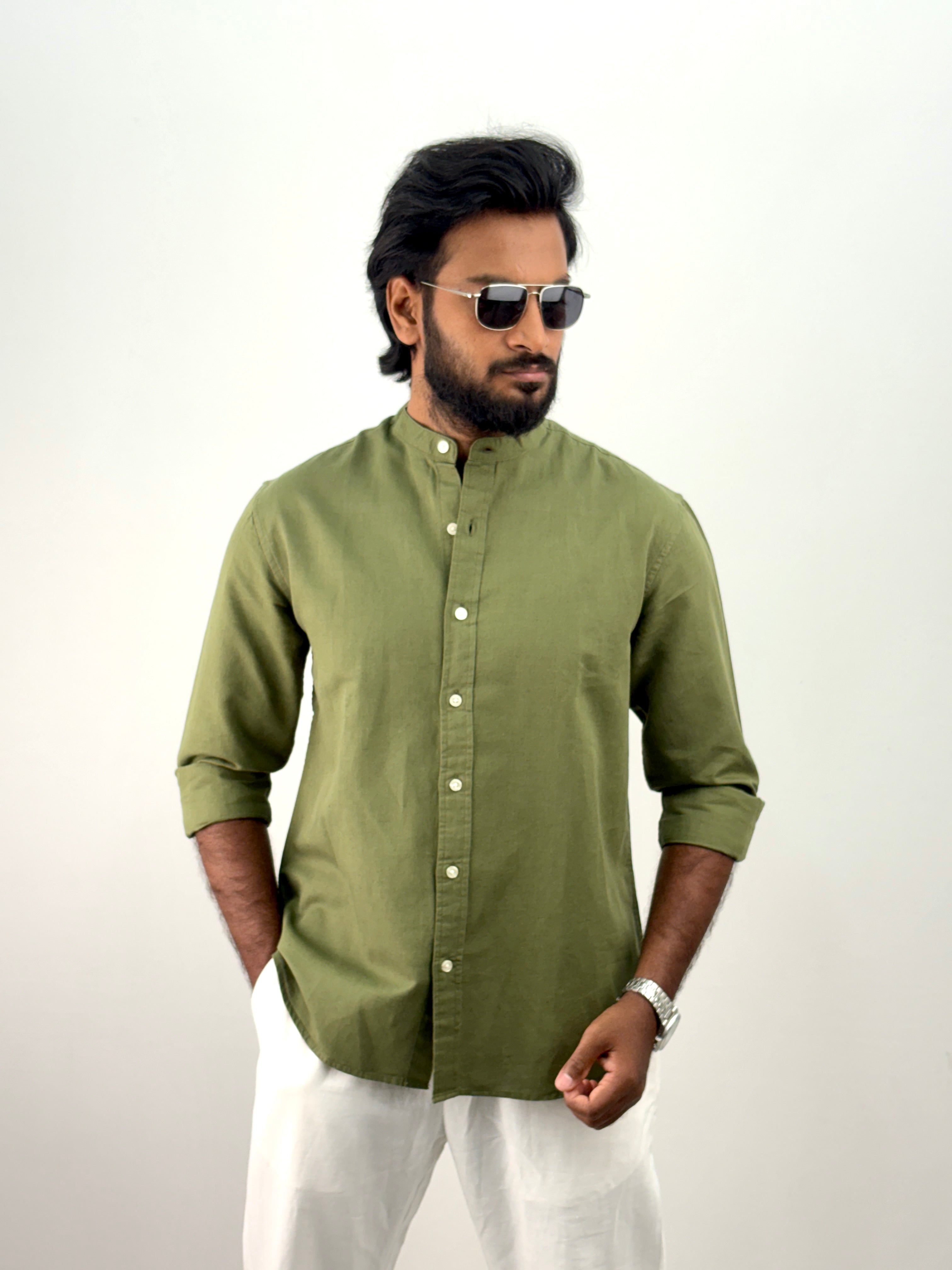 Green Mandarin Collar Shirt