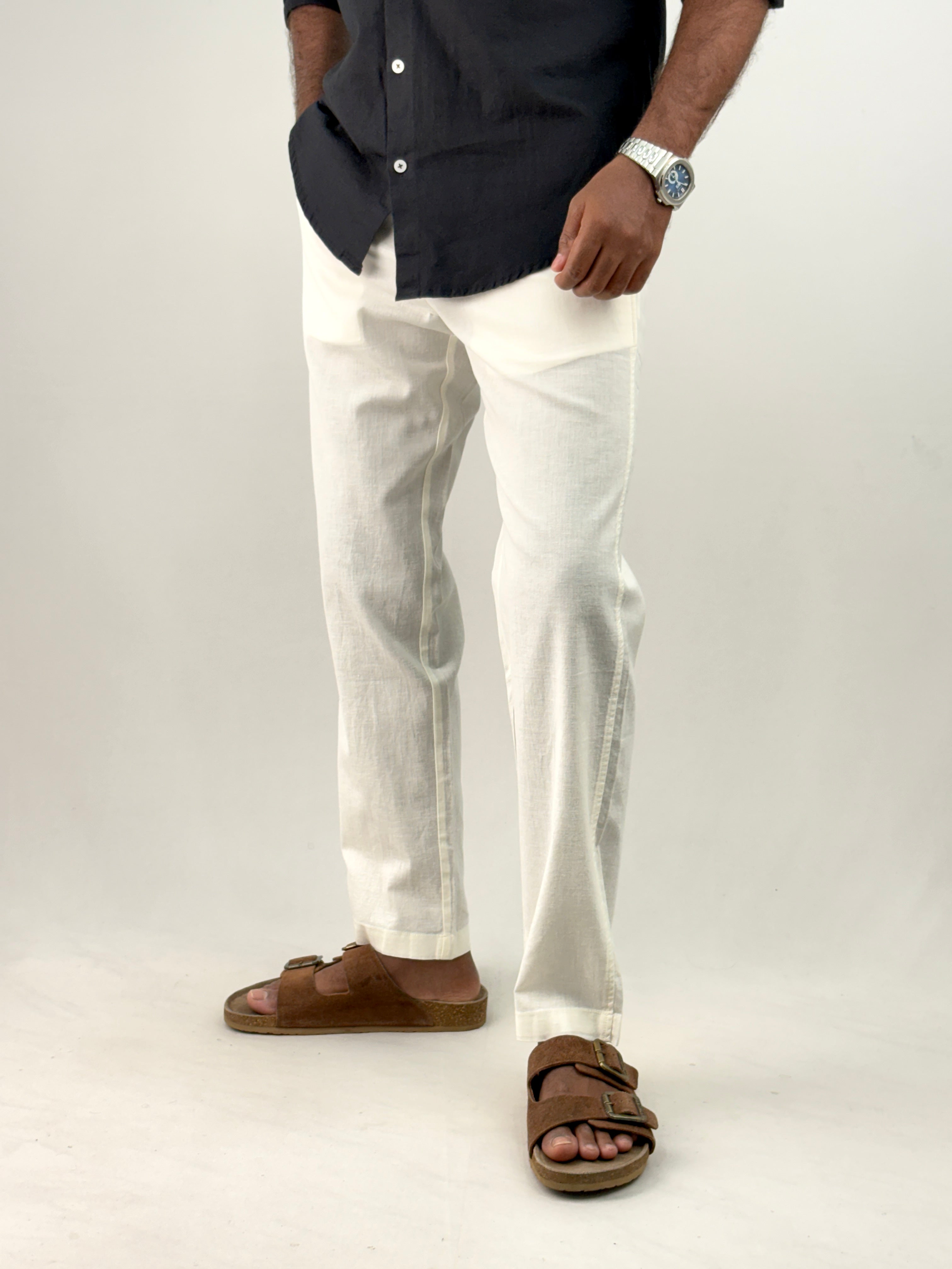 Cream Slim Fit Linen Pant